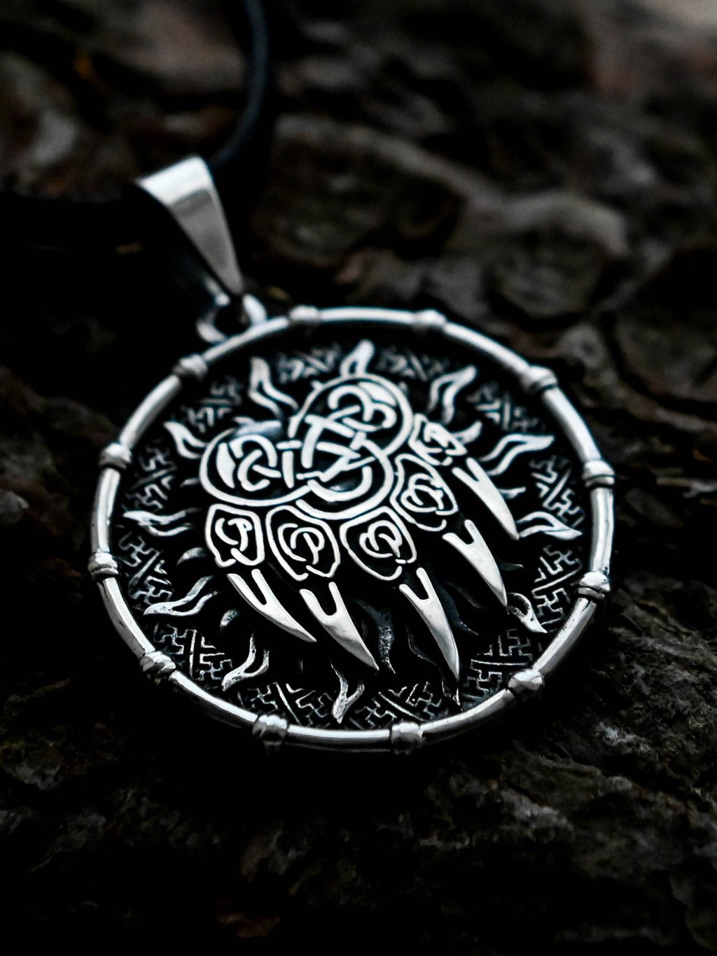 Bear Paw Amulet in Sun Disc, Sterling Silver 925 — Viking, Norse & Slavic Symbol Pendant