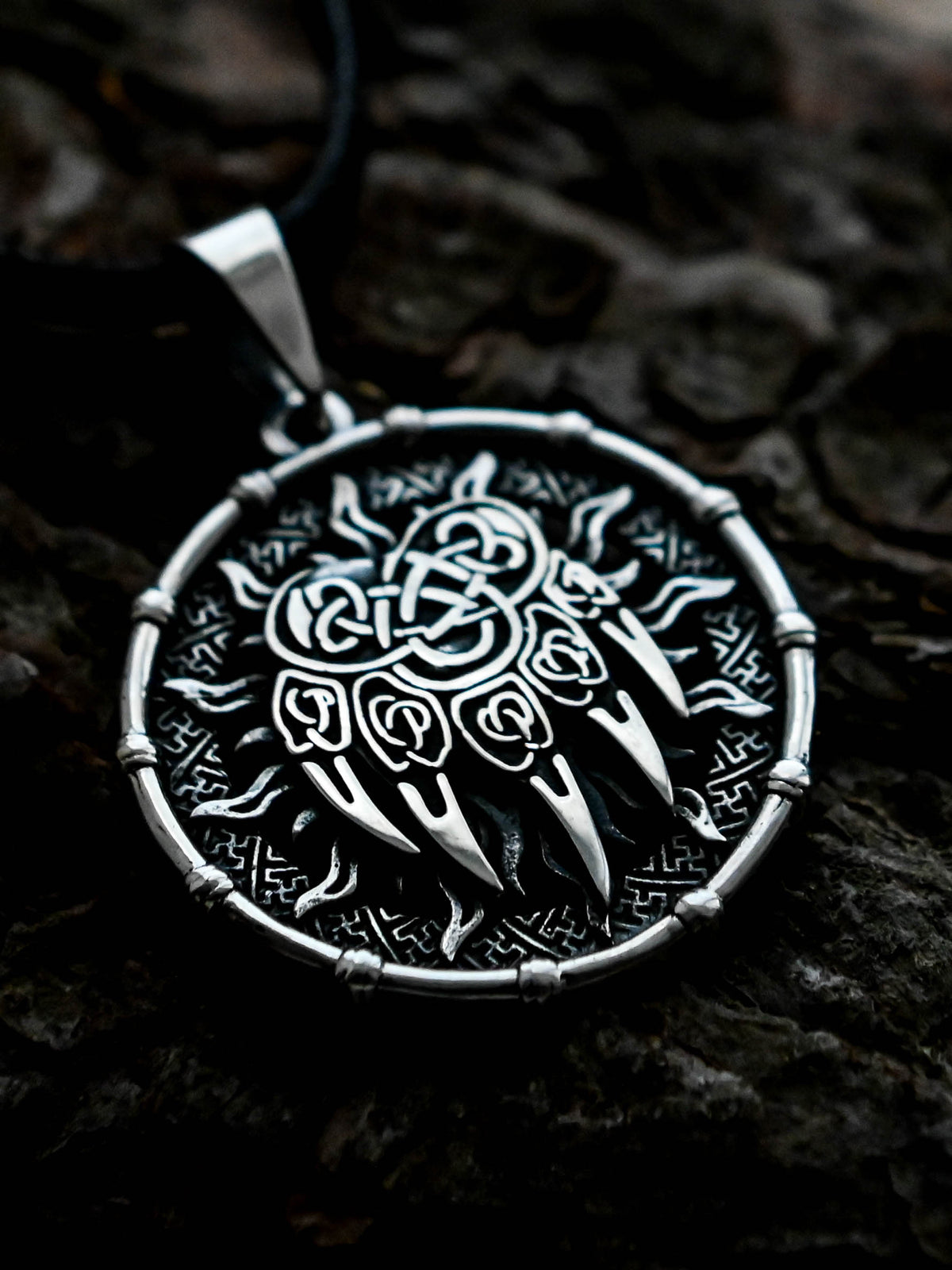 Bear Paw Amulet in Sun Disc, Sterling Silver 925 — Viking, Norse & Slavic Symbol Pendant