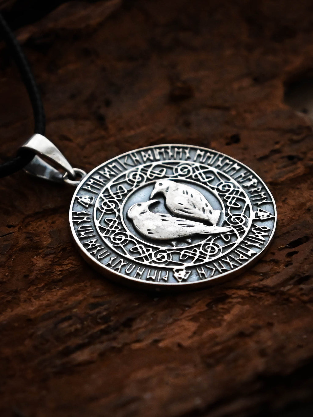 Ravens Amulet in Futhark, Sterling Silver 925 — Viking & Norse Symbol Pendant
