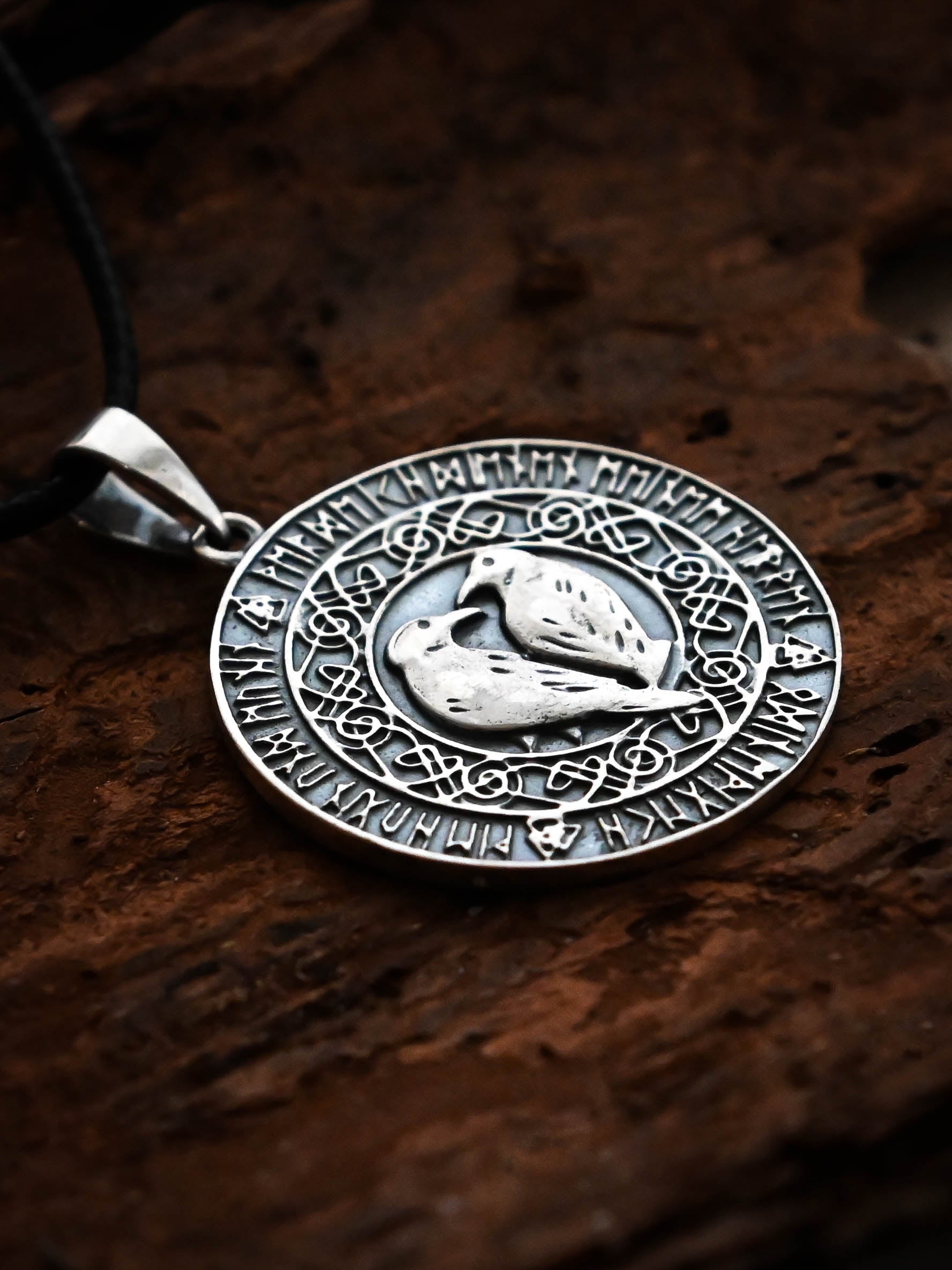 Ravens Amulet in Futhark, Sterling Silver 925 — Viking & Norse Symbol Pendant