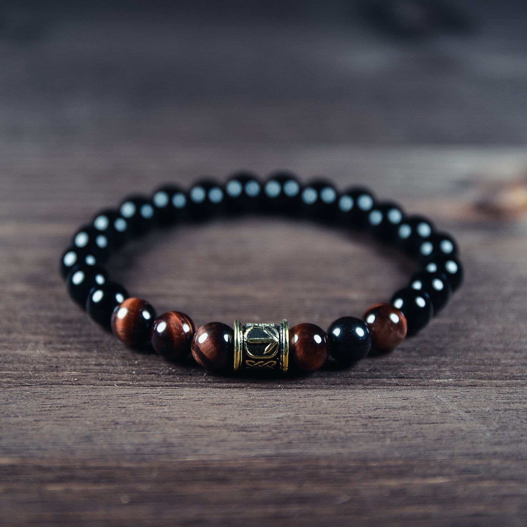 Ox Eye Stone and Black Agate Bracelet with Tiwaz Rune Bead