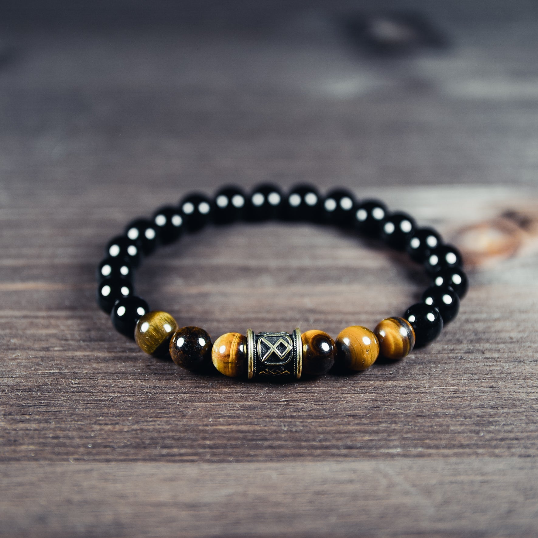 Tiger's Eye and Black Agate Bracelet with Odal Rune Bead