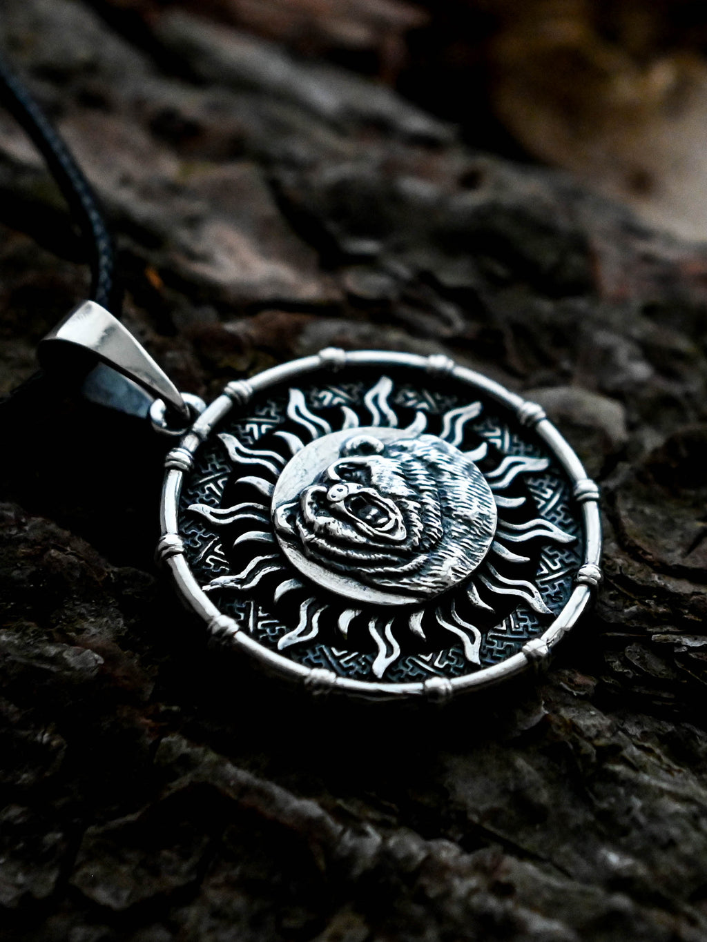 Bear Amulet in Sun Disc, Sterling Silver 925 — Viking, Norse & Slavic Symbol Pendant