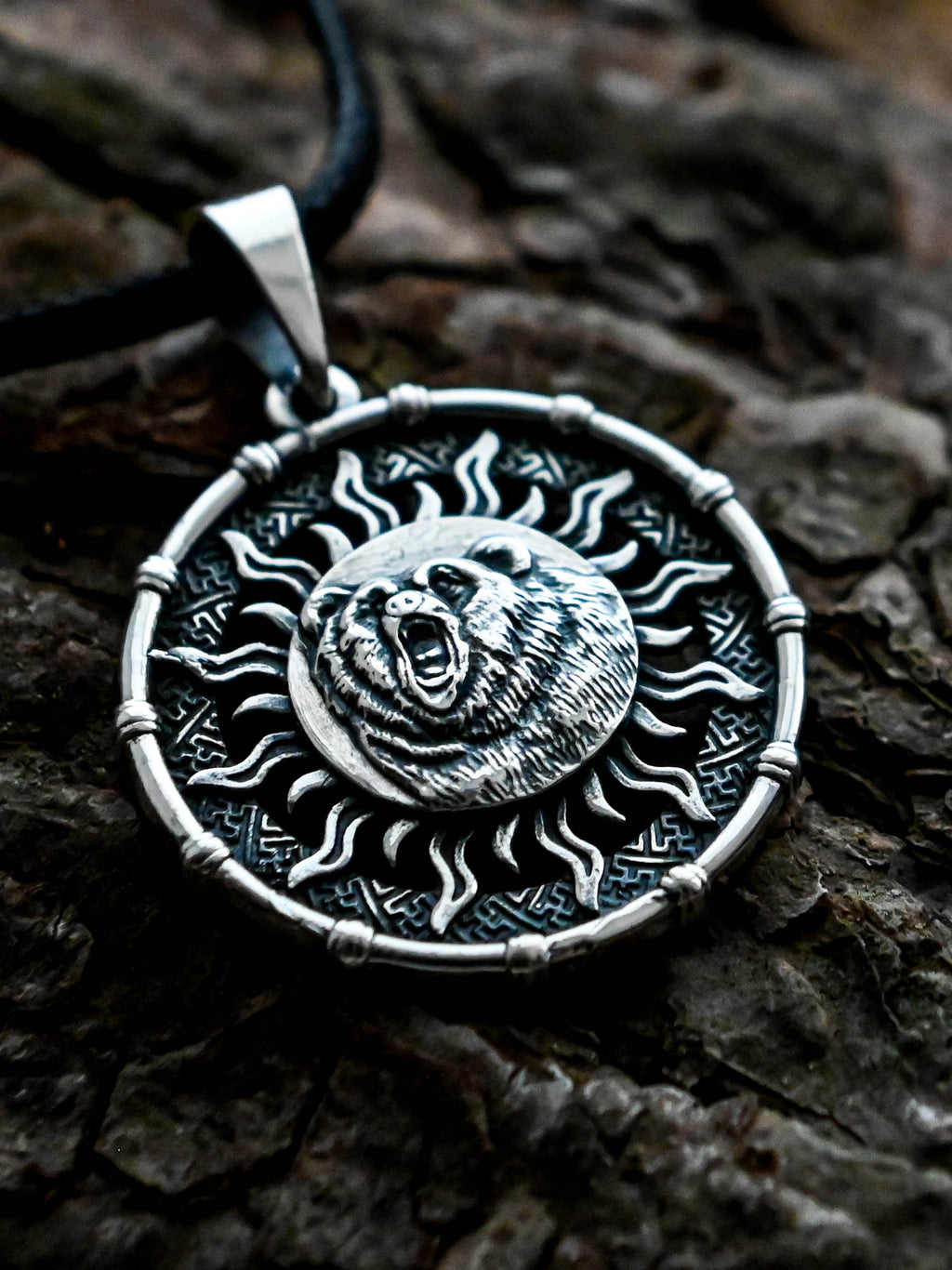 Bear Amulet in Sun Disc, Sterling Silver 925 — Viking, Norse & Slavic Symbol Pendant