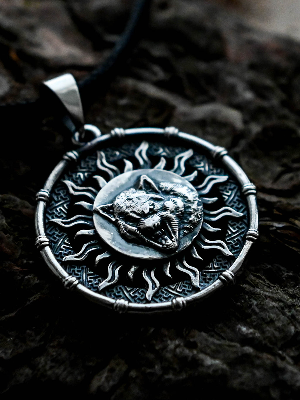 Wolf Amulet in Sun Disc, Sterling Silver 925 — Viking, Norse & Slavic Symbol Pendant