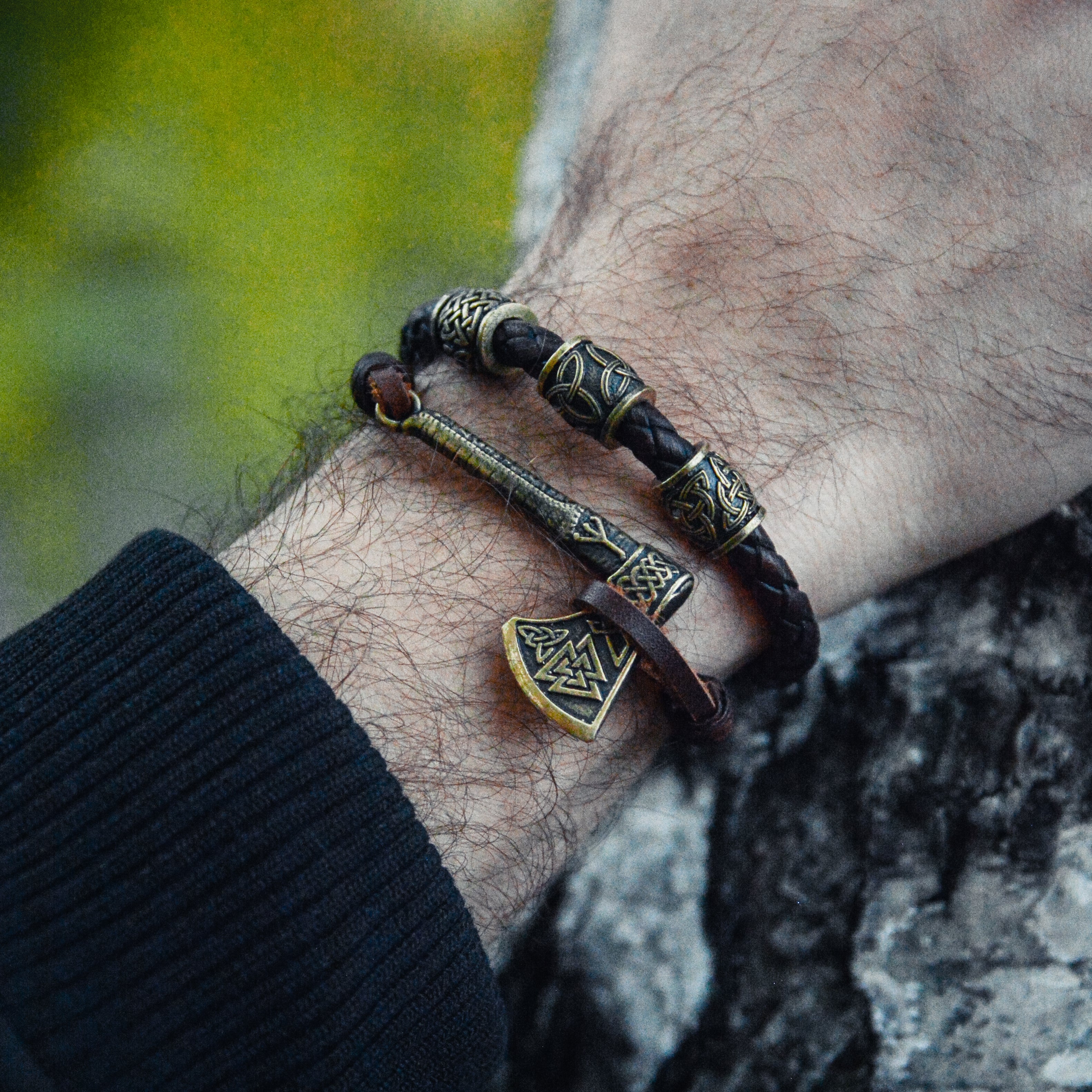 Axe with Valknut Symbol Bracelet, Natural Leather and Bronze