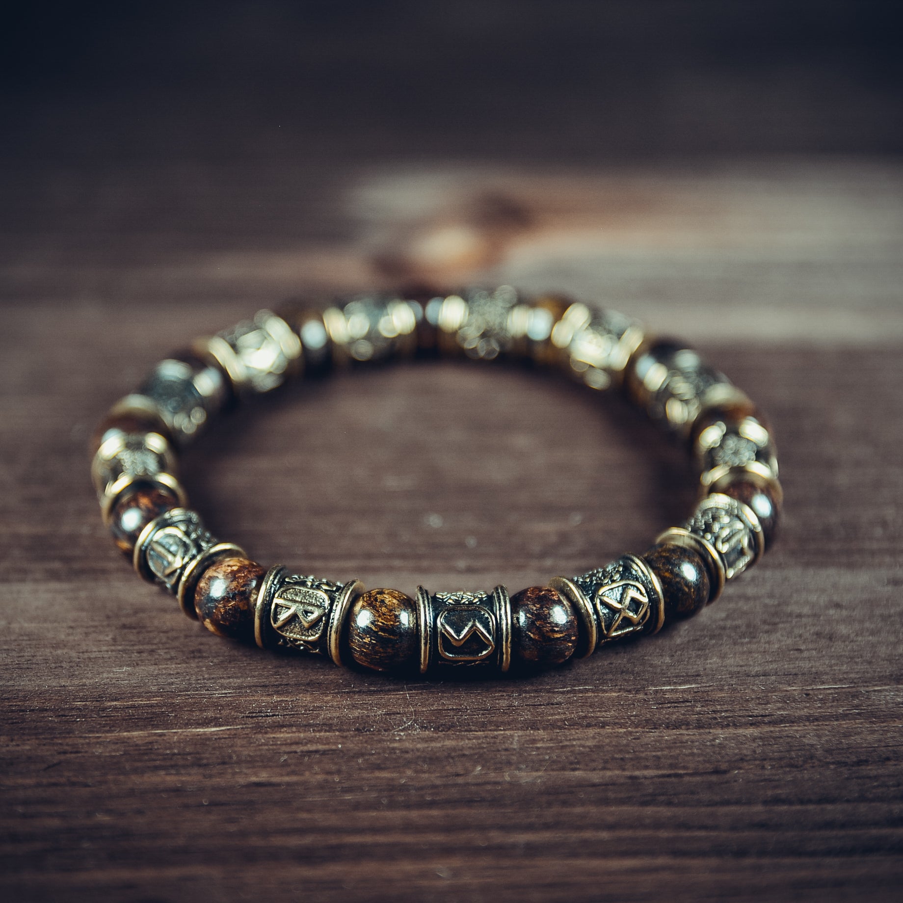 Bronzite Bracelet with 12 Rune Beads