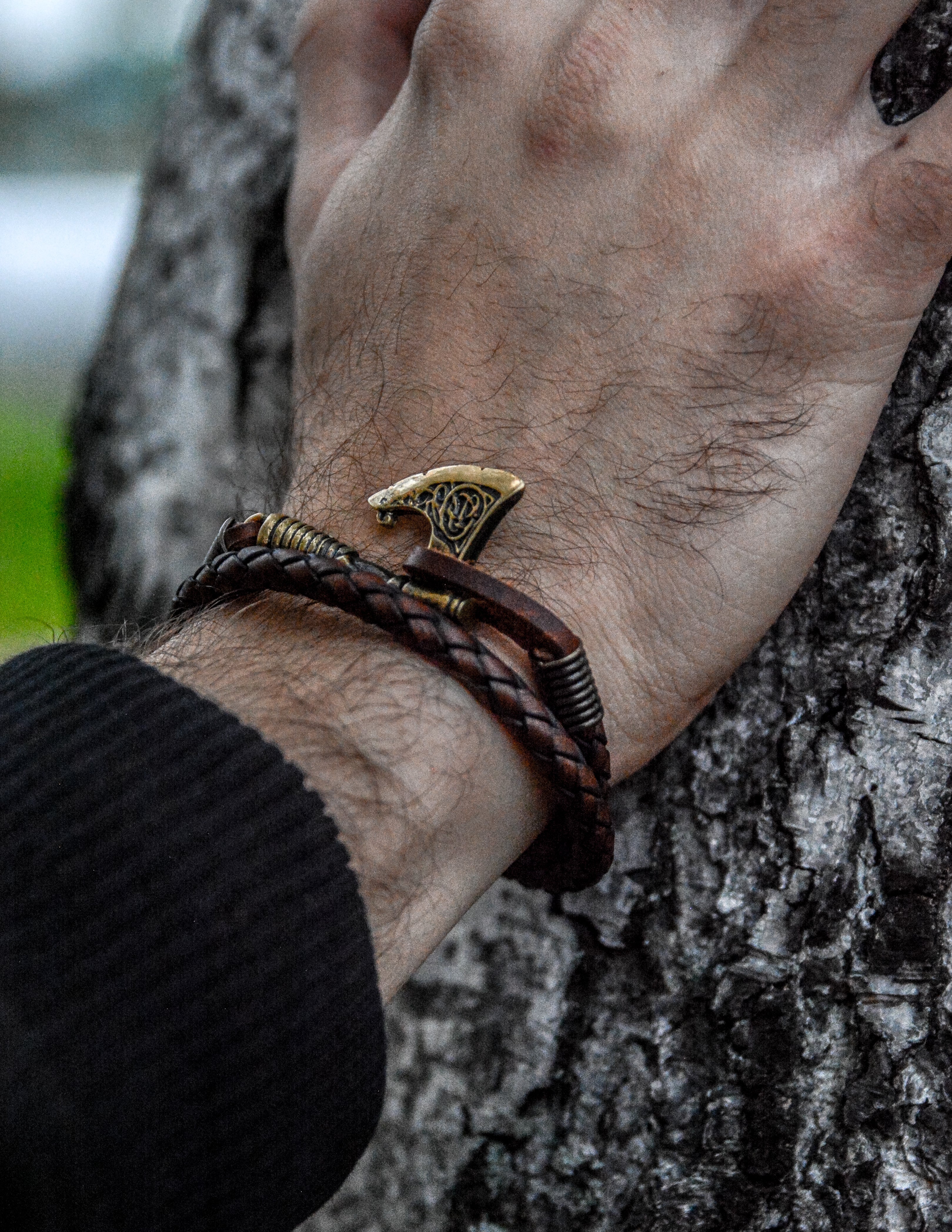 Celtic Axe Bracelet, Natural Leather and Bronze