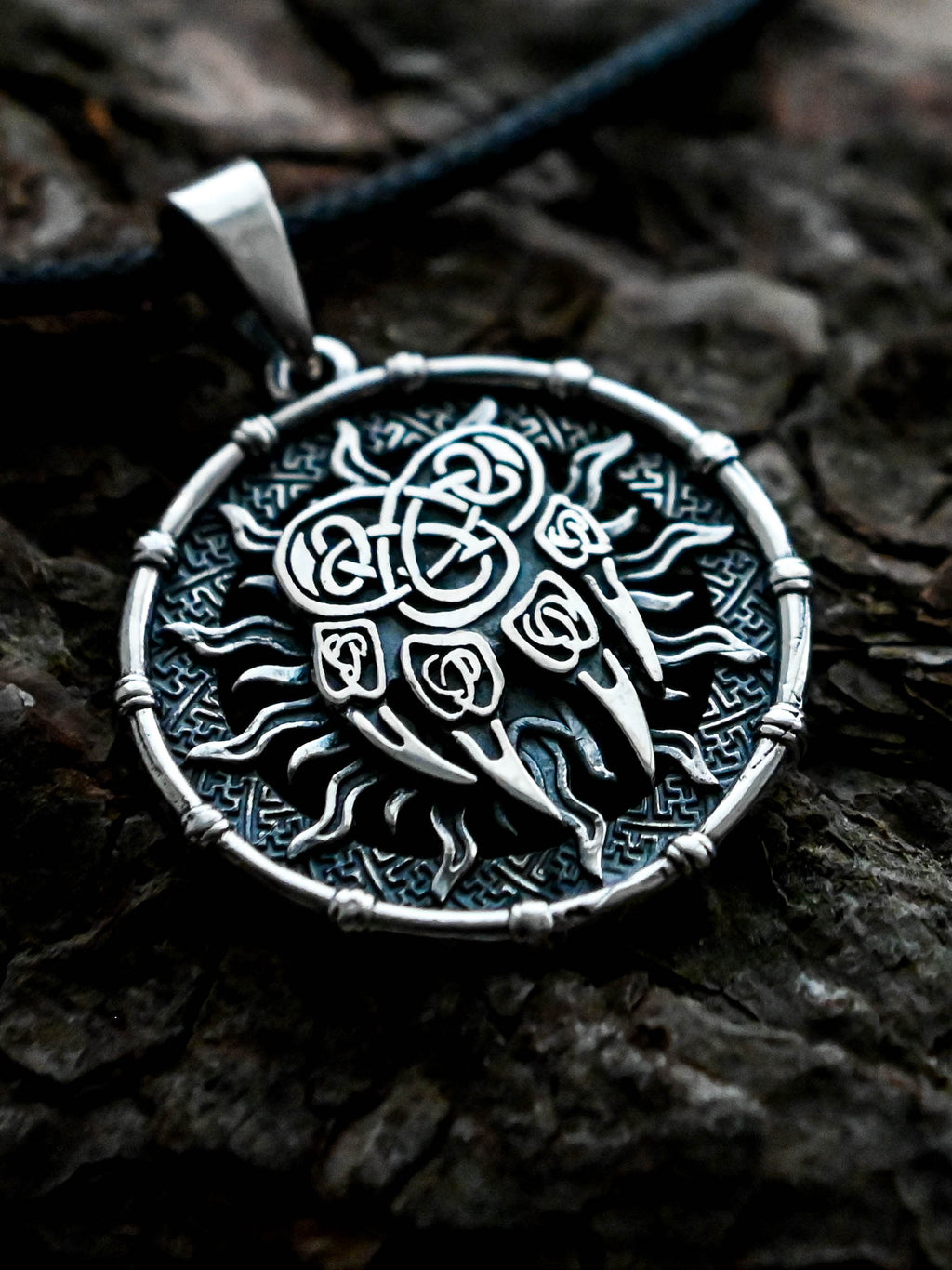 Wolf Paw Amulet in Sun Disc, Sterling Silver 925 — Viking, Norse & Slavic Symbol Pendant