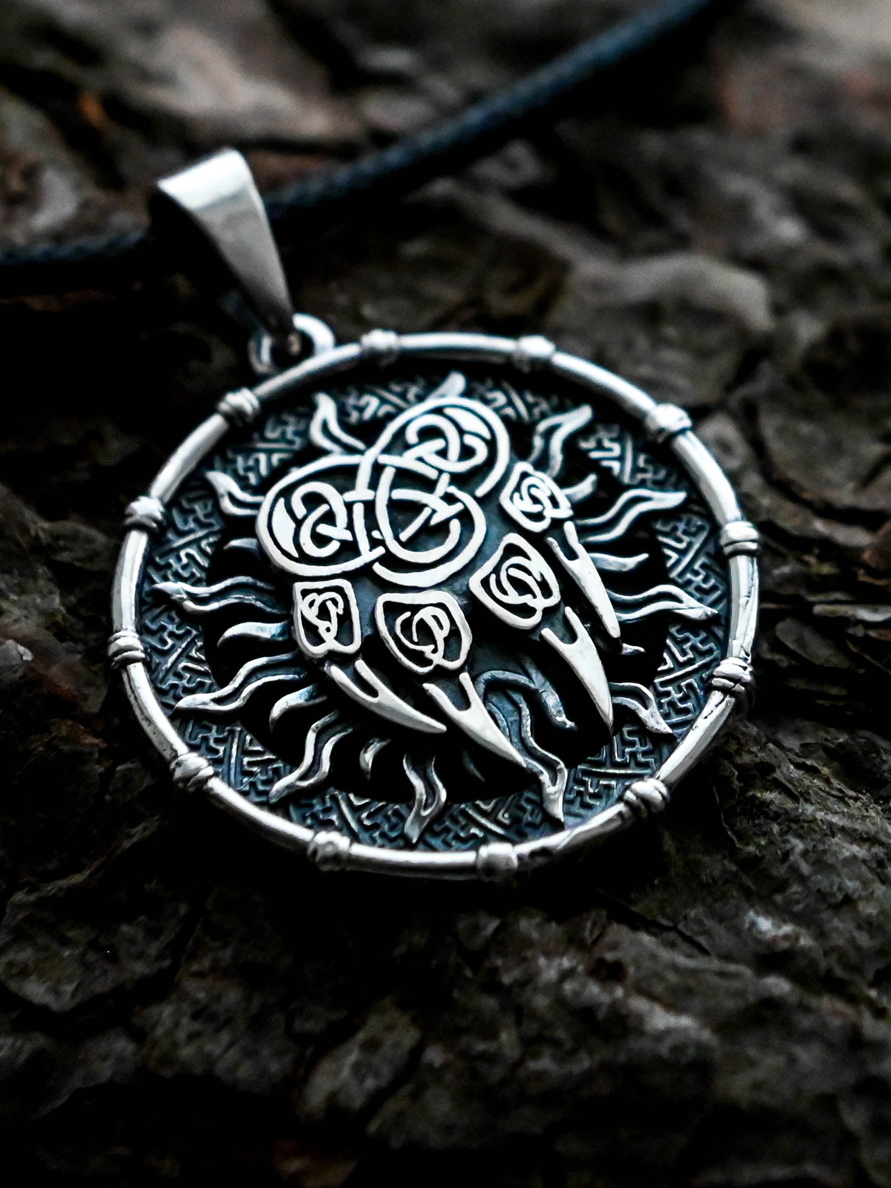 Wolf Paw Amulet in Sun Disc, Sterling Silver 925 — Viking, Norse & Slavic Symbol Pendant