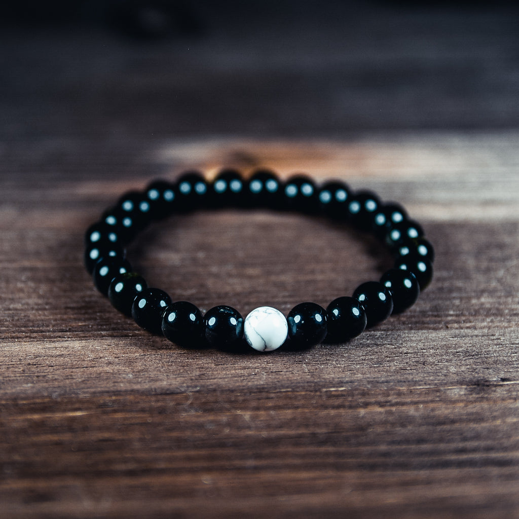 Black Agate Bracelet with a White Howlite Accent Bead