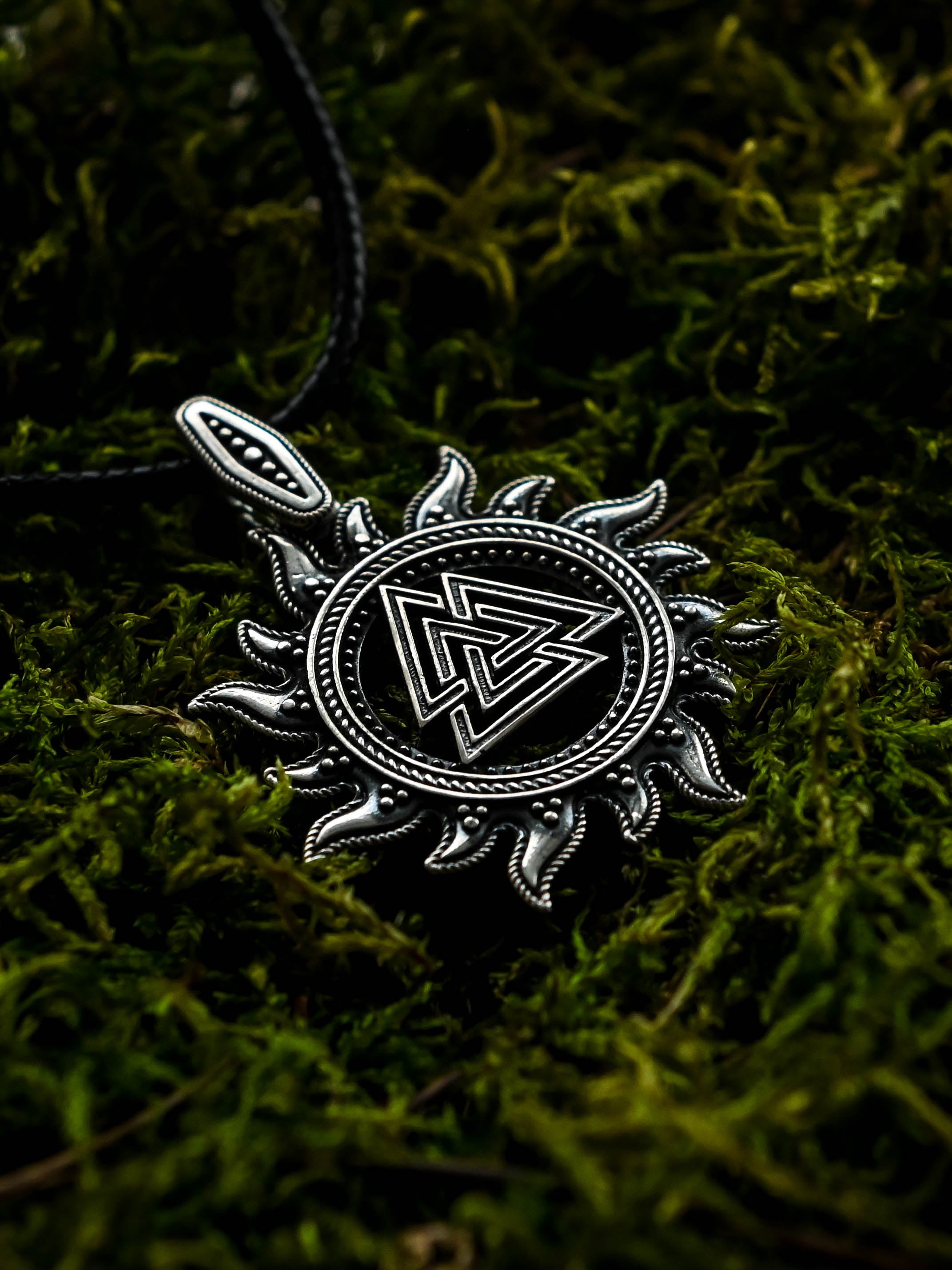 Valknut in Sun Amulet, Sterling Silver 925 — Viking, Norse & Slavic Pendant