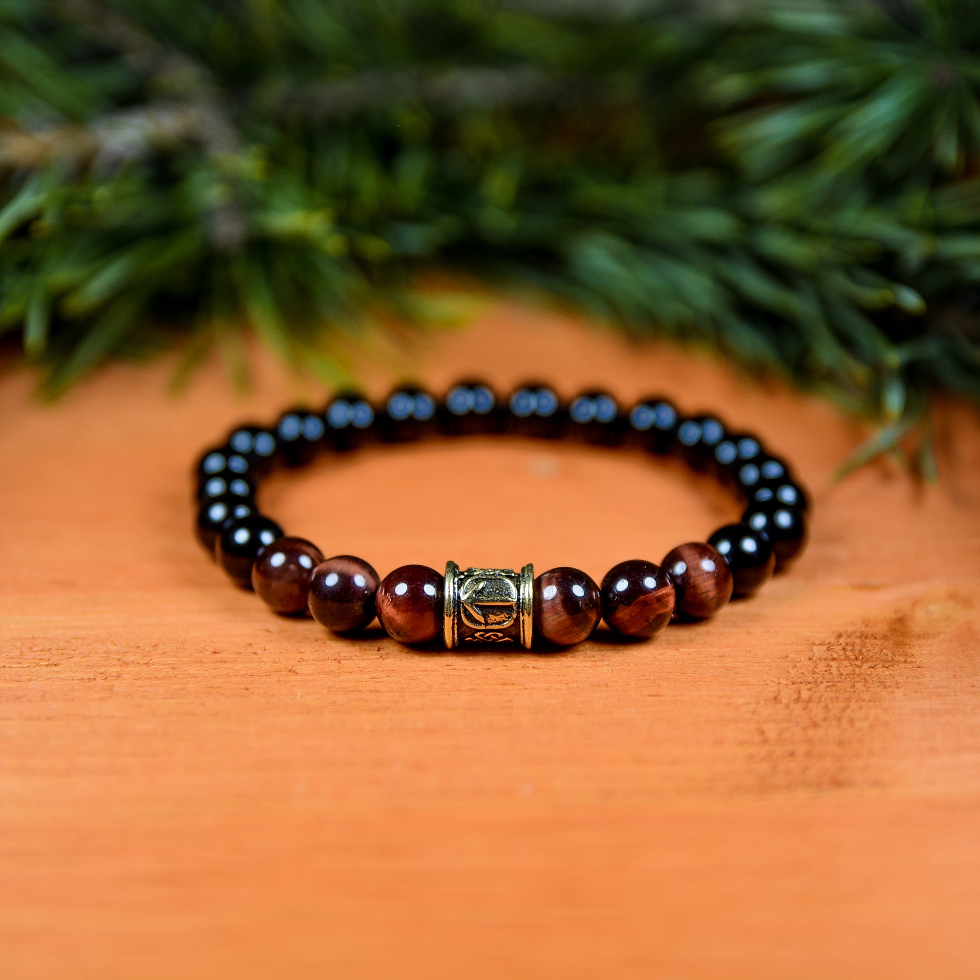Ox Eye Stone and Black Agate Bracelet with Tiwaz Rune Bead