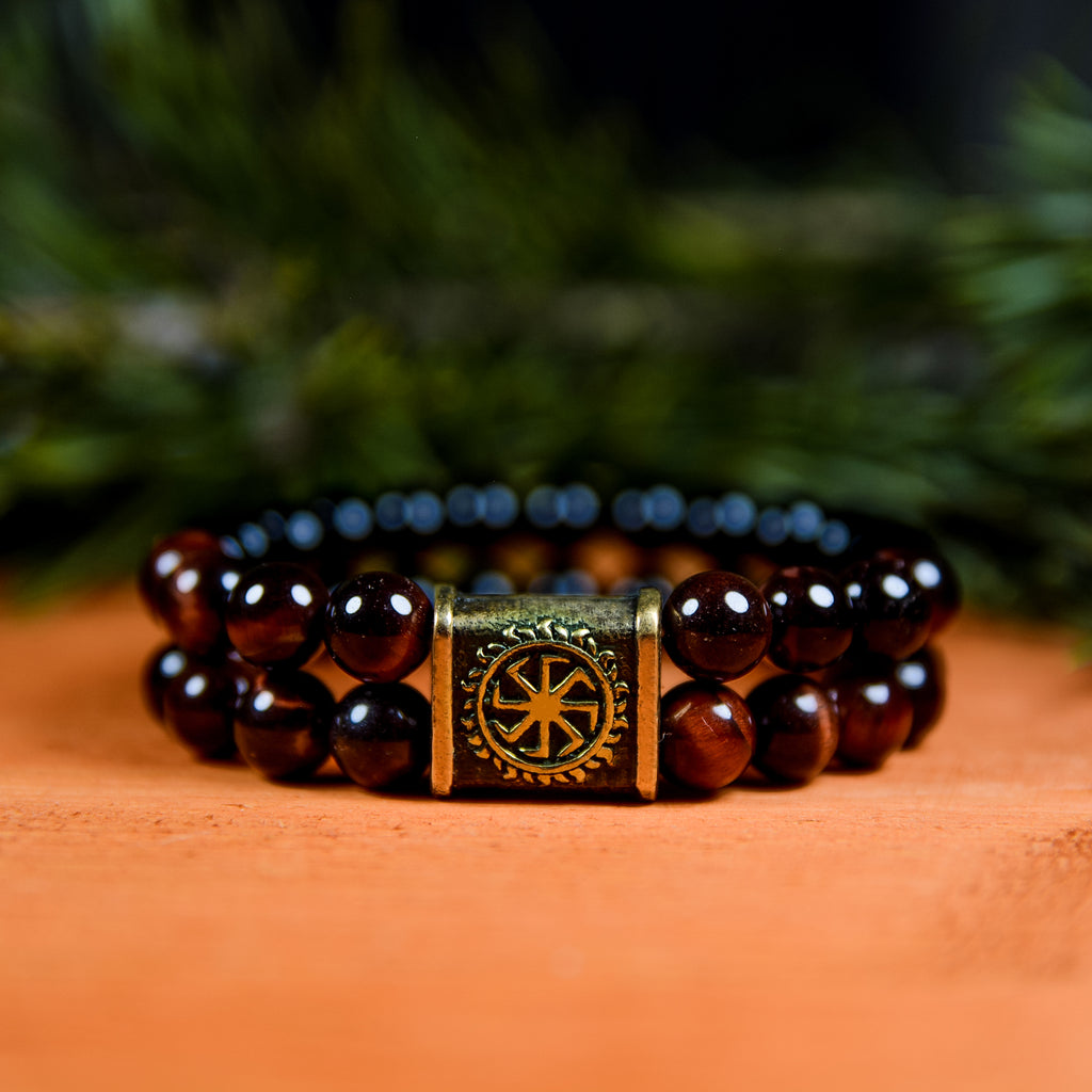 Ox Eye Stone Double-Row Bracelet with Kolovrat Bead