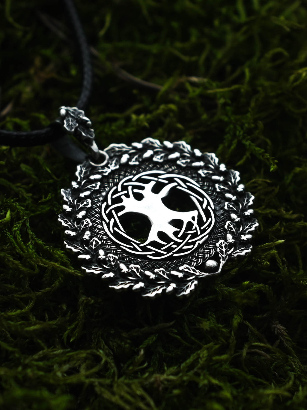 World Tree (Yggdrasil) Amulet in Oak Wreath, Sterling Silver 925 — Norse, Slavic & Viking Symbol Pendant
