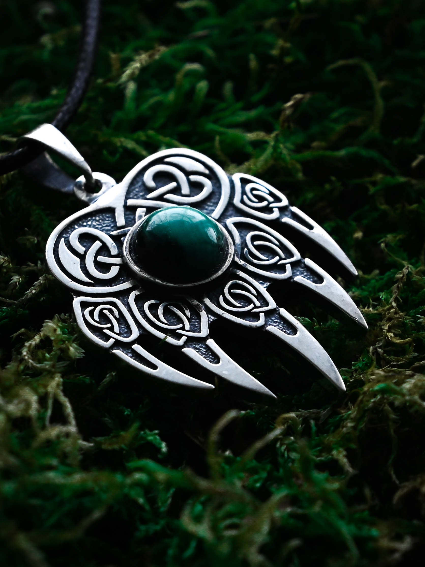 Bear Paw Amulet with Jade Stone, Sterling Silver 925 — Viking & Slavic Symbol Pendant