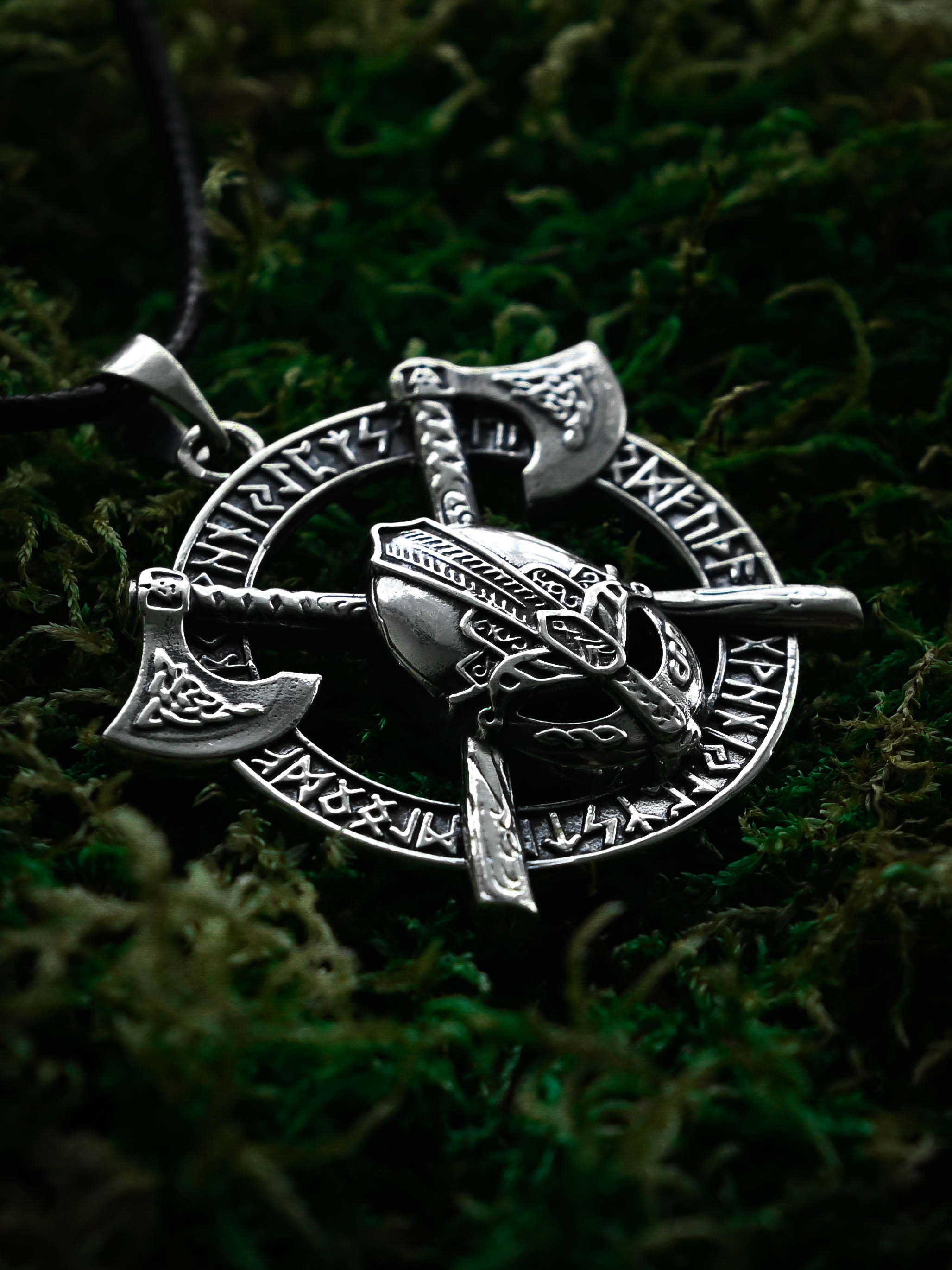 Viking Helmet Amulet in Futhark, Sterling Silver 925 — Viking Symbol Pendant