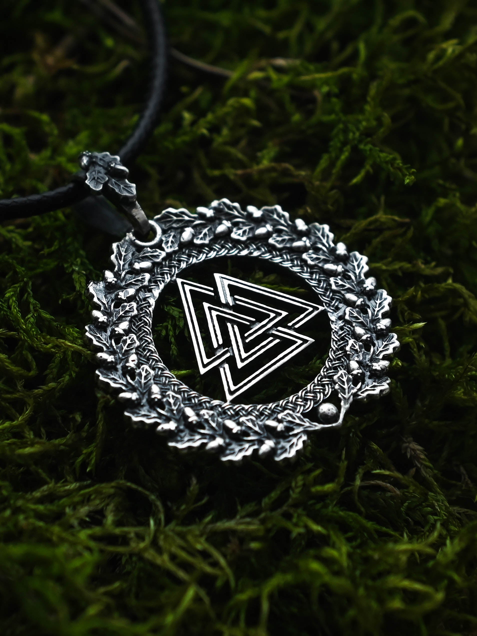 Valknut Amulet in Oak Wreath, Sterling Silver 925 — Viking, Norse & Slavic Symbol Pendant