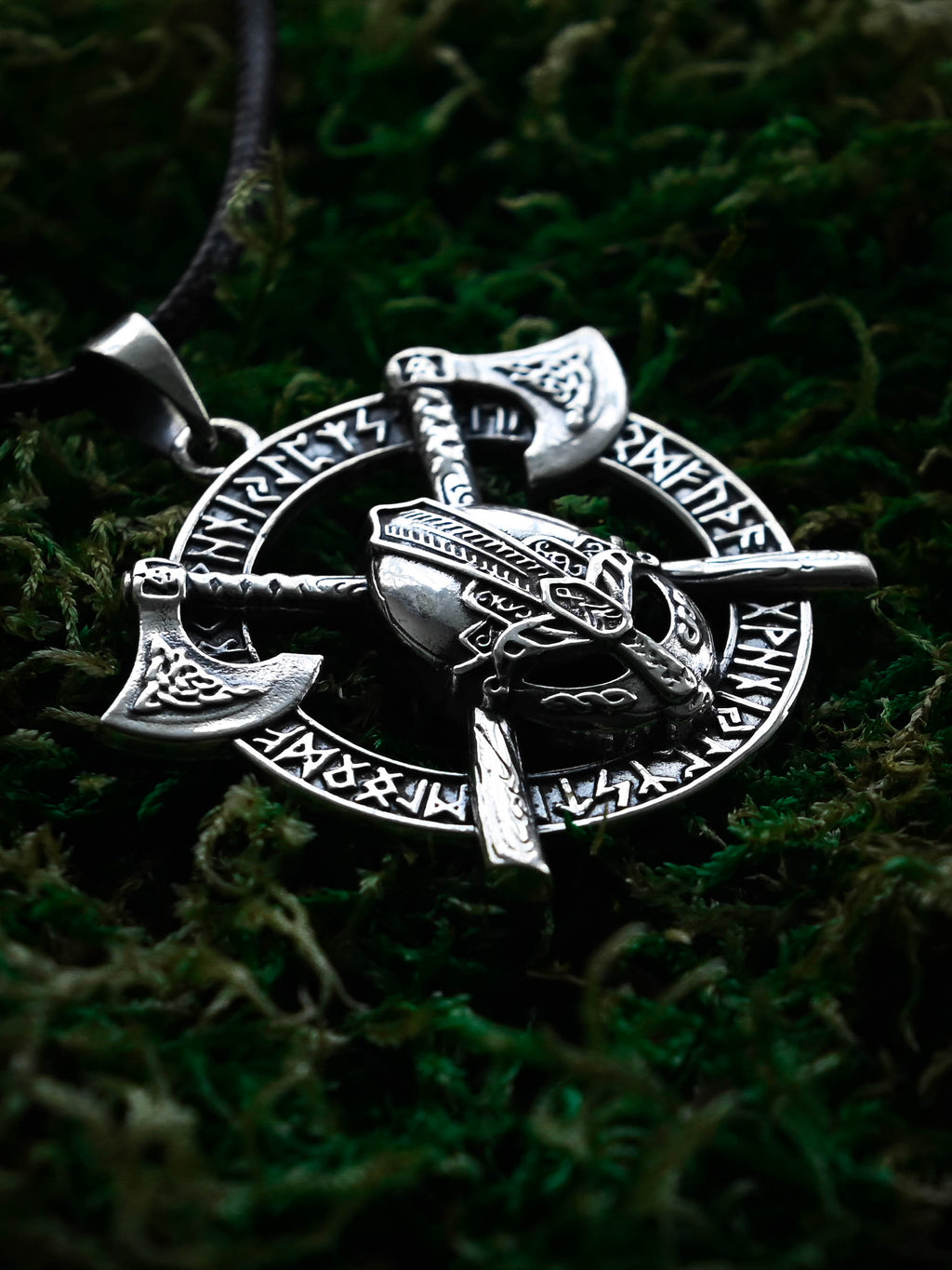 Viking Helmet Amulet in Futhark, Sterling Silver 925 — Viking Symbol Pendant