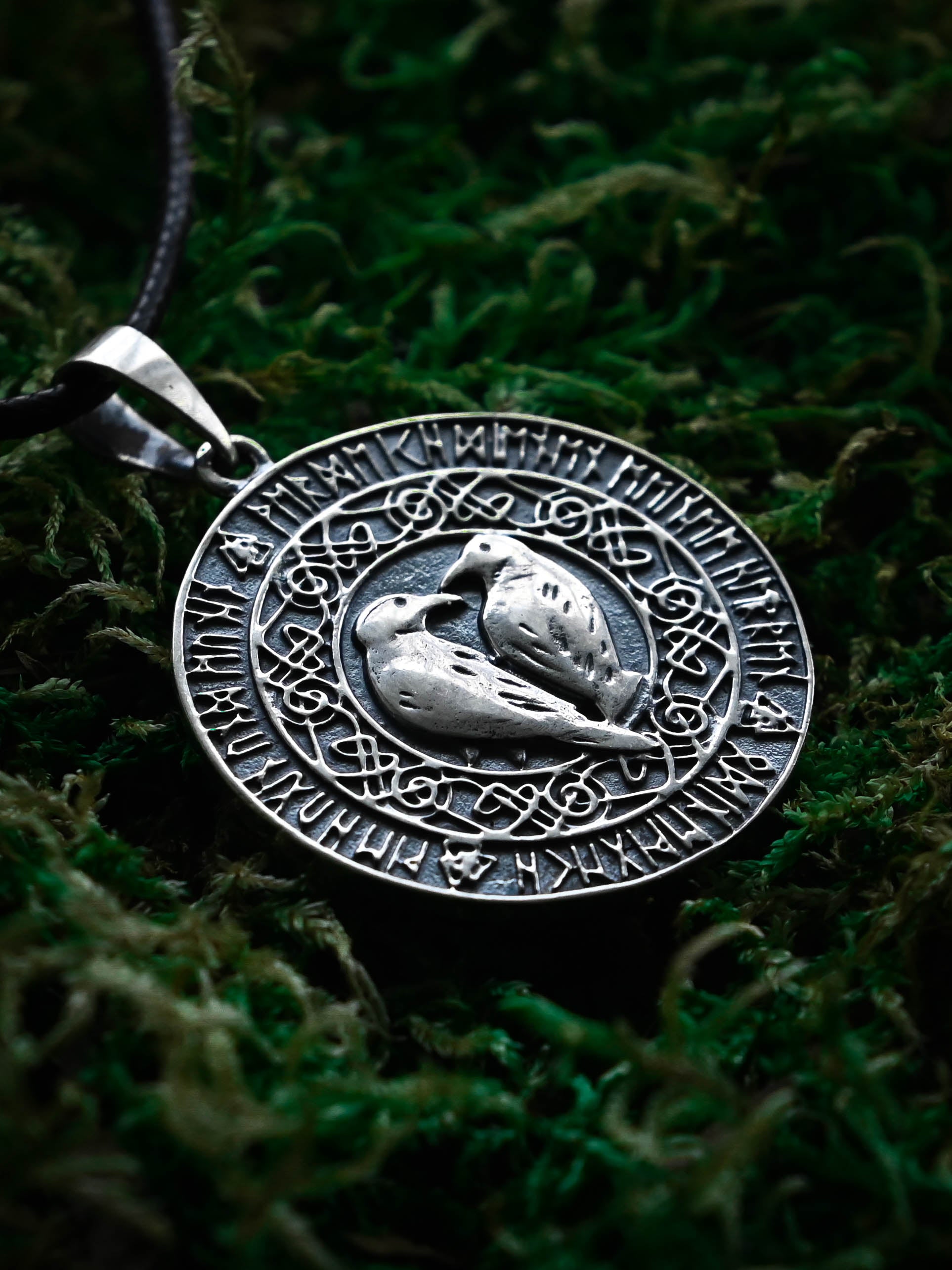 Ravens Amulet in Futhark, Sterling Silver 925 — Viking & Norse Symbol Pendant