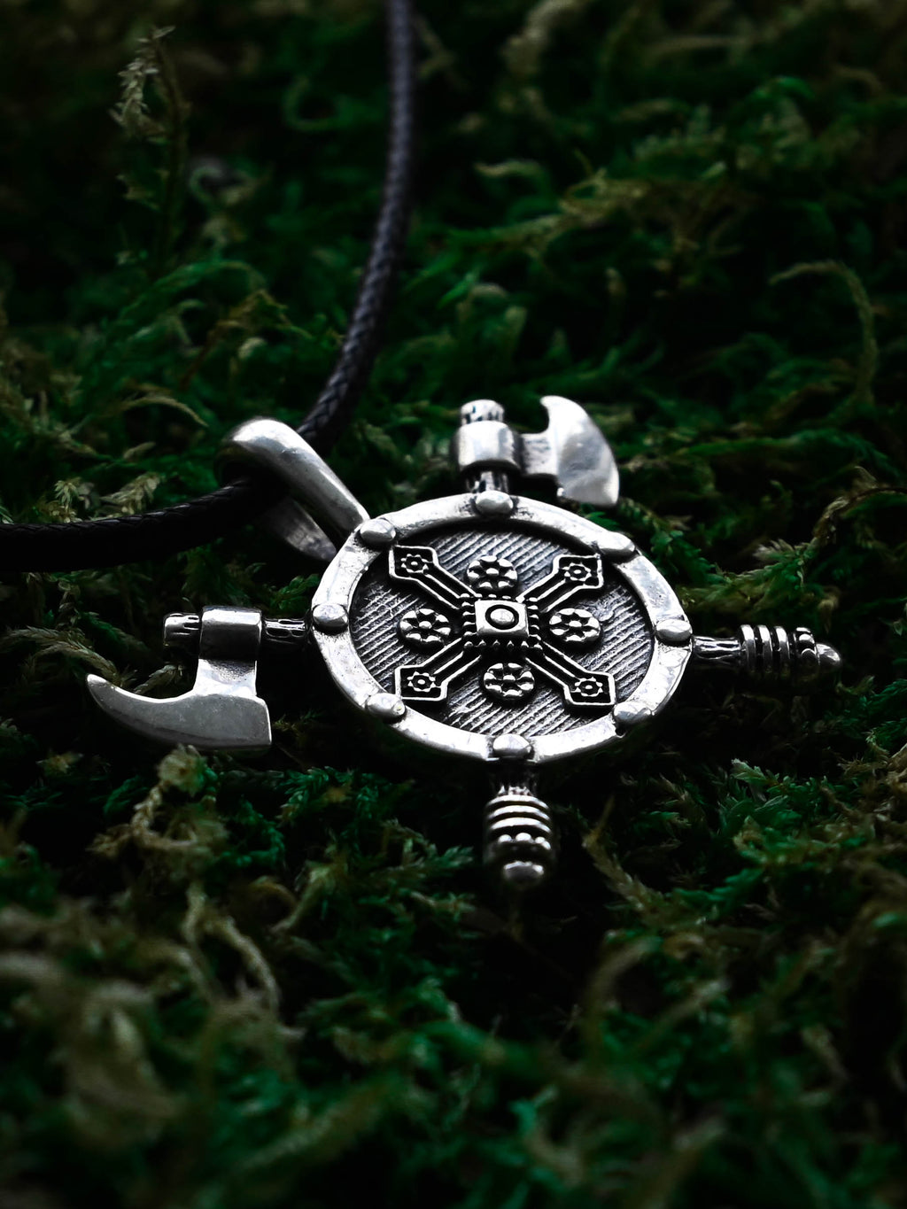 Shield with Axes Amulet, Sterling Silver 925 — Viking Symbol Pendant