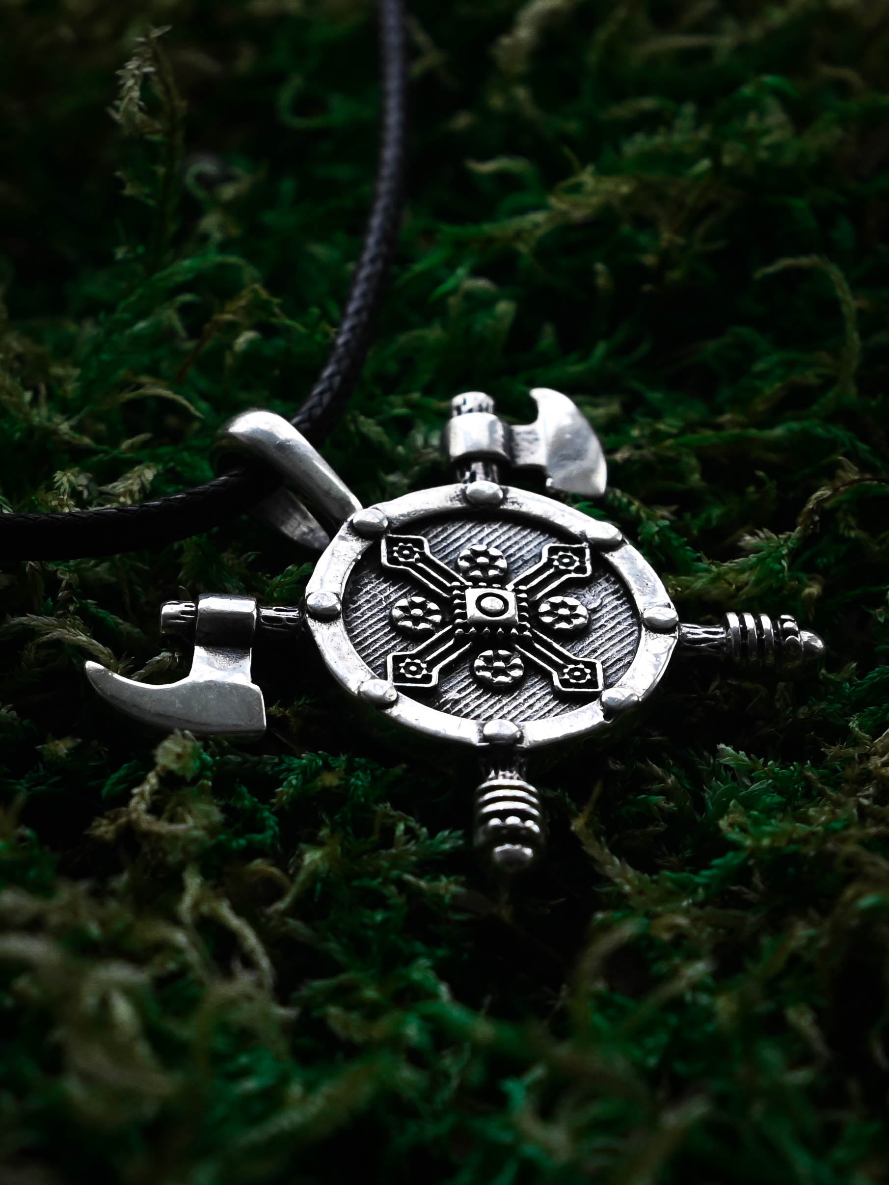 Shield with Axes Amulet, Sterling Silver 925 — Viking Symbol Pendant
