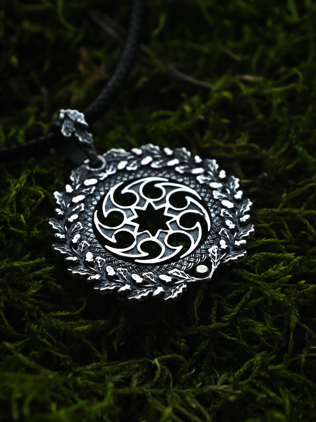 Solntsevorot (Sun Wheel) Amulet in Oak Wreath, Sterling Silver 925 — Slavic, Viking & Norse Symbol Pendant