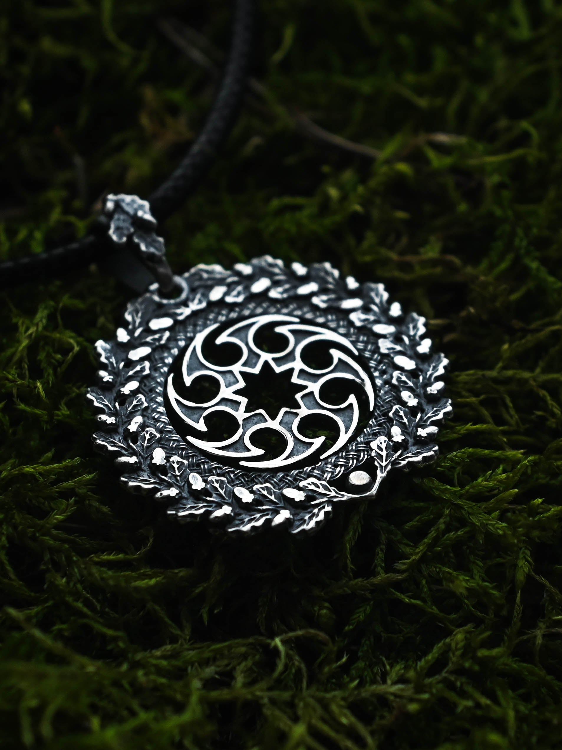 Solntsevorot (Sun Wheel) Amulet in Oak Wreath, Sterling Silver 925 — Slavic, Viking & Norse Symbol Pendant