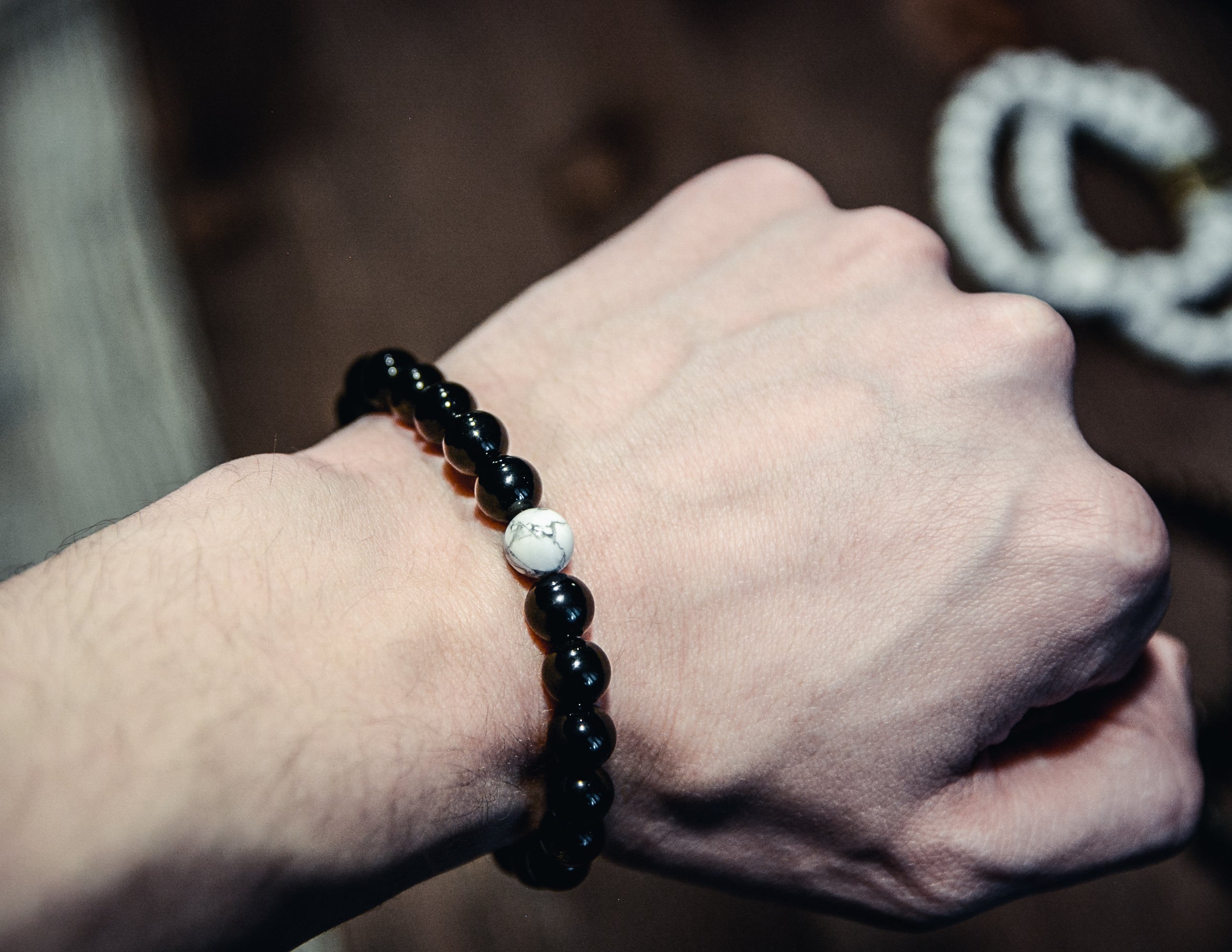 Black Agate Bracelet with a White Howlite Accent Bead