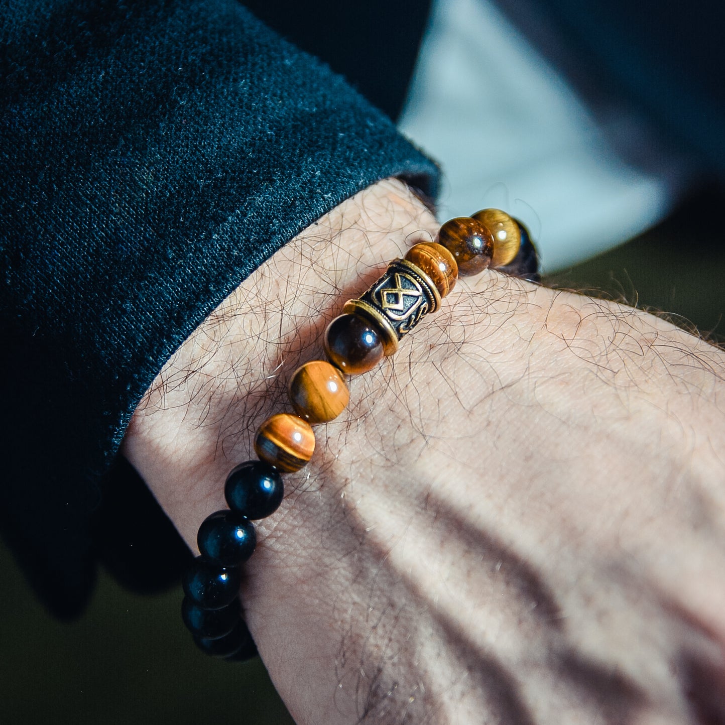 Tiger's Eye and Black Agate Bracelet with Odal Rune Bead
