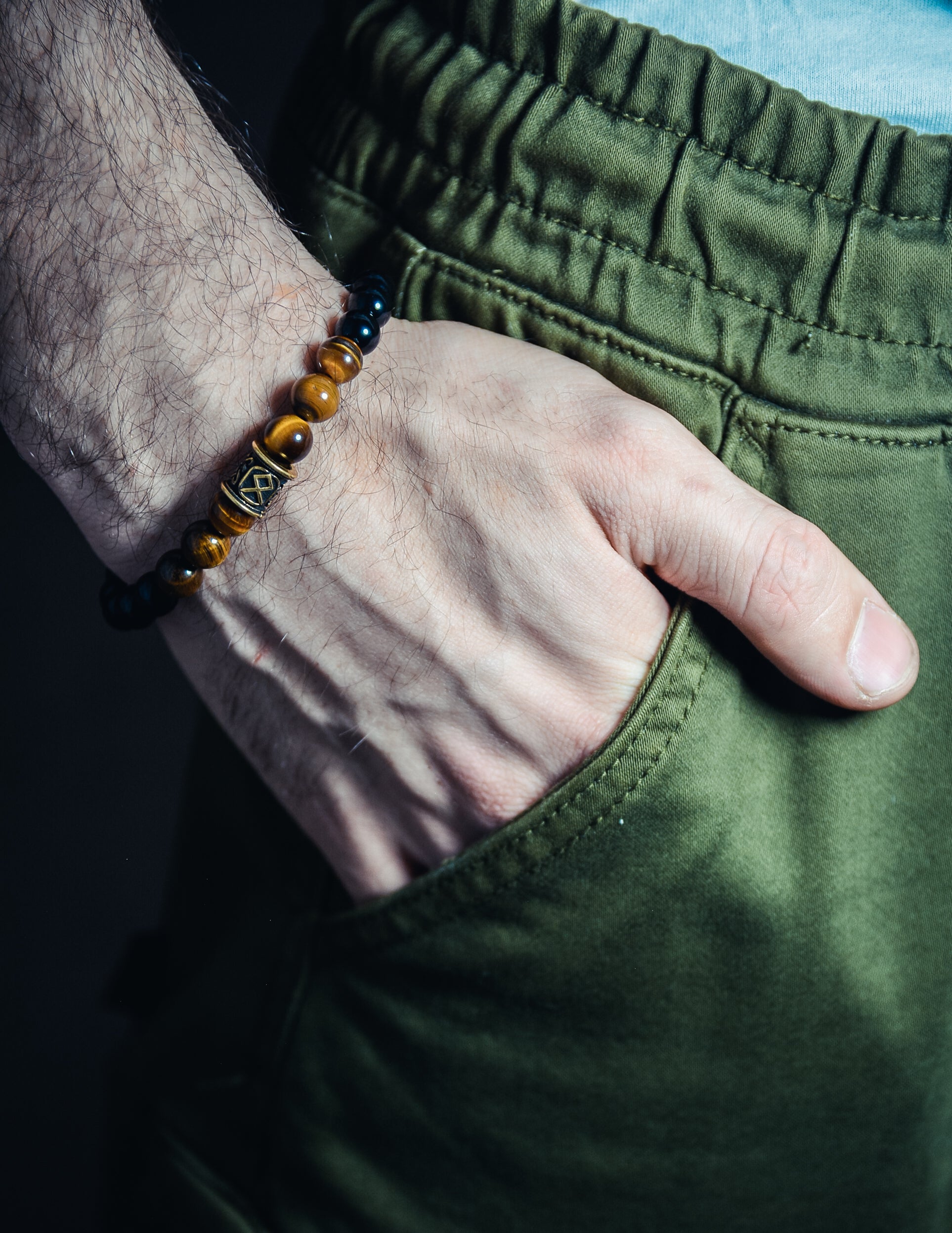 Tiger's Eye and Black Agate Bracelet with Odal Rune Bead