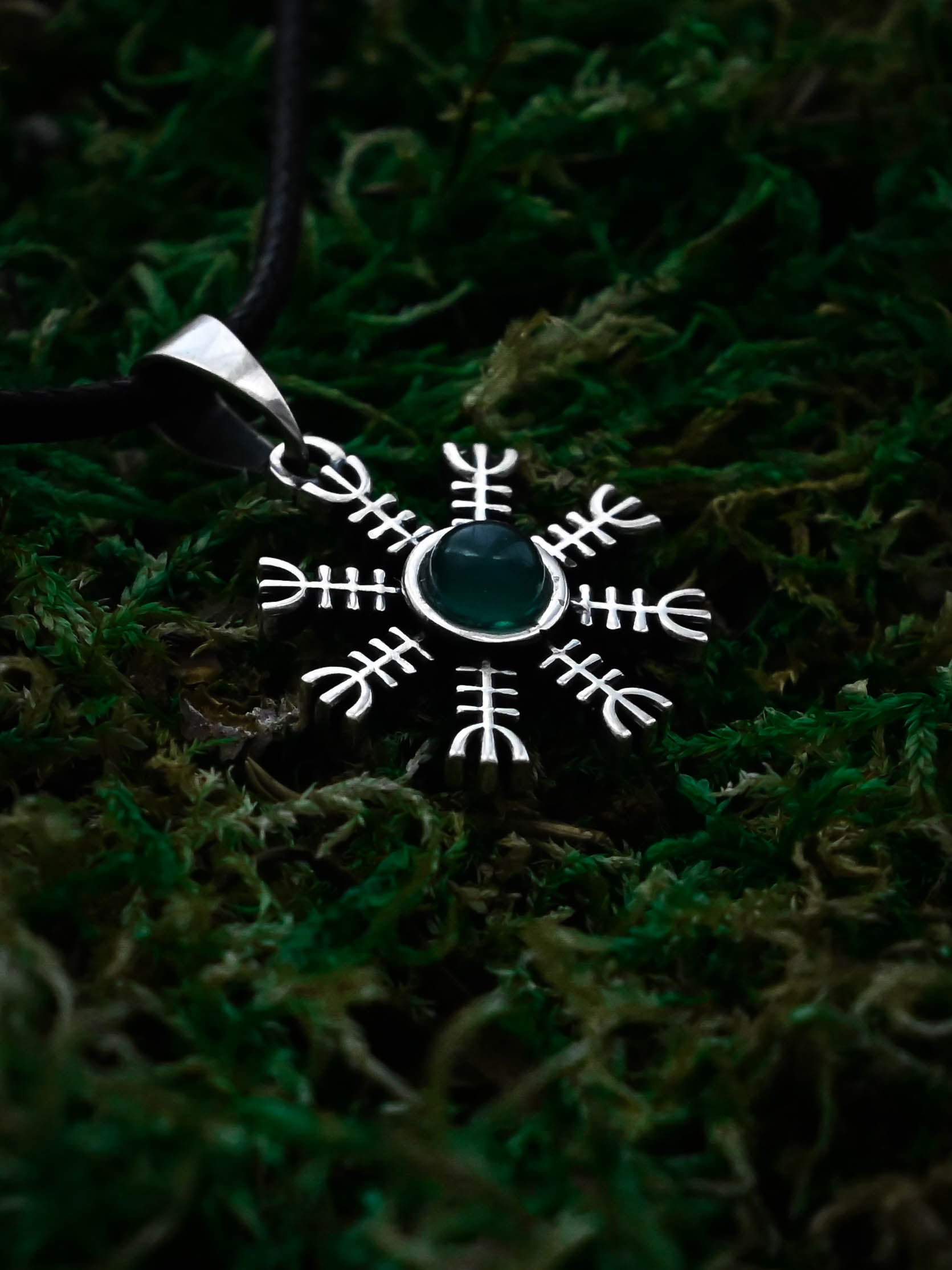 Helm of Awe (Aegishjalmur) Amulet with Chalcedony Stone, Sterling Silver 925 — Viking Symbol Pendant