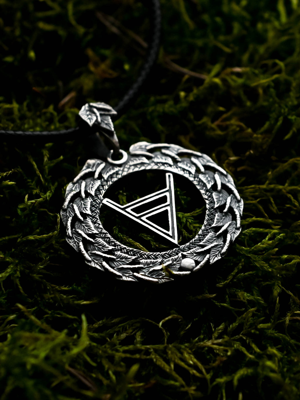 Symbol of Veles Amulet in Birch Wreath, Sterling Silver 925 — Slavic, Viking & Norse Symbol Pendant