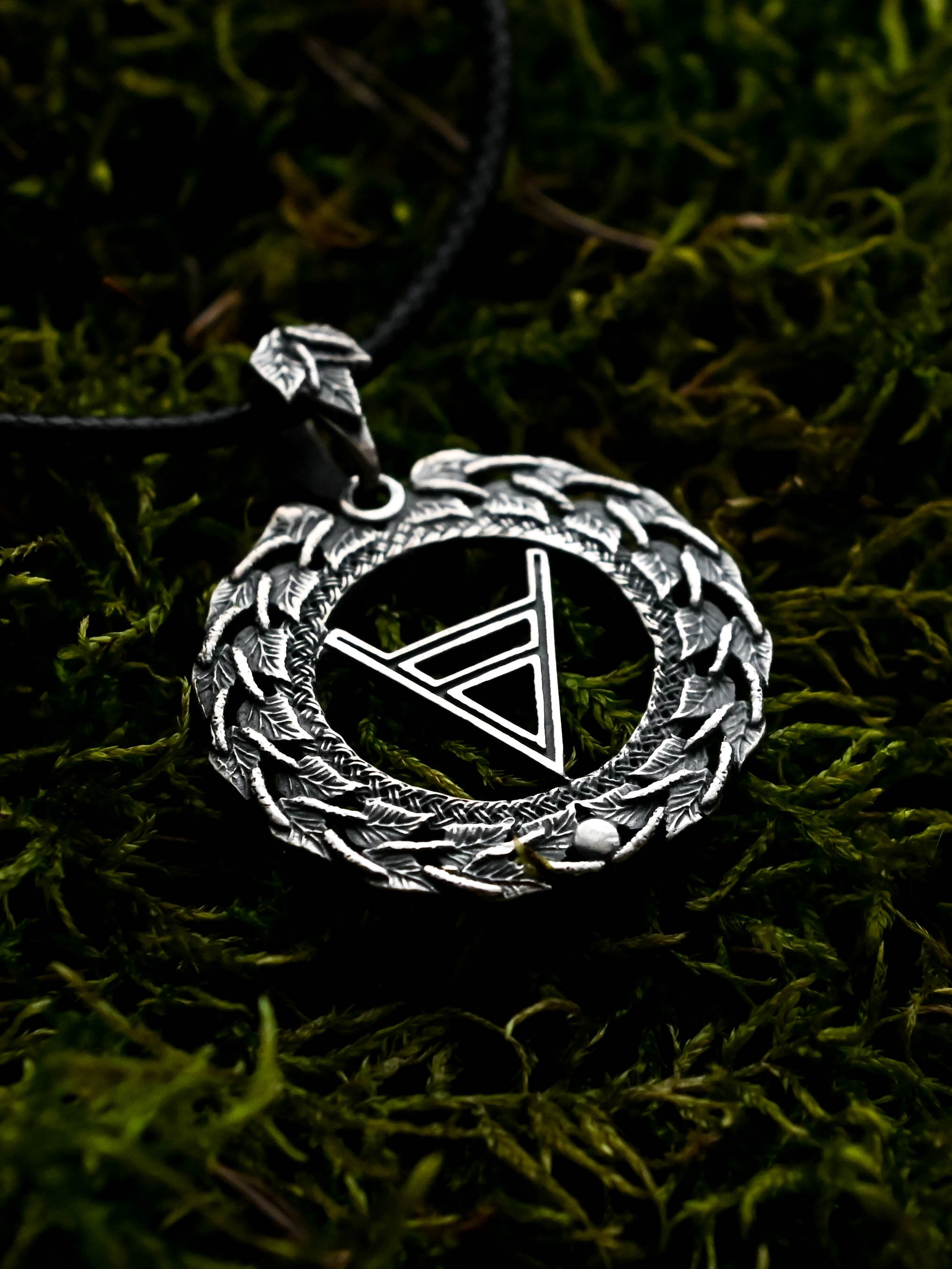 Symbol of Veles Amulet in Birch Wreath, Sterling Silver 925 — Slavic, Viking & Norse Symbol Pendant