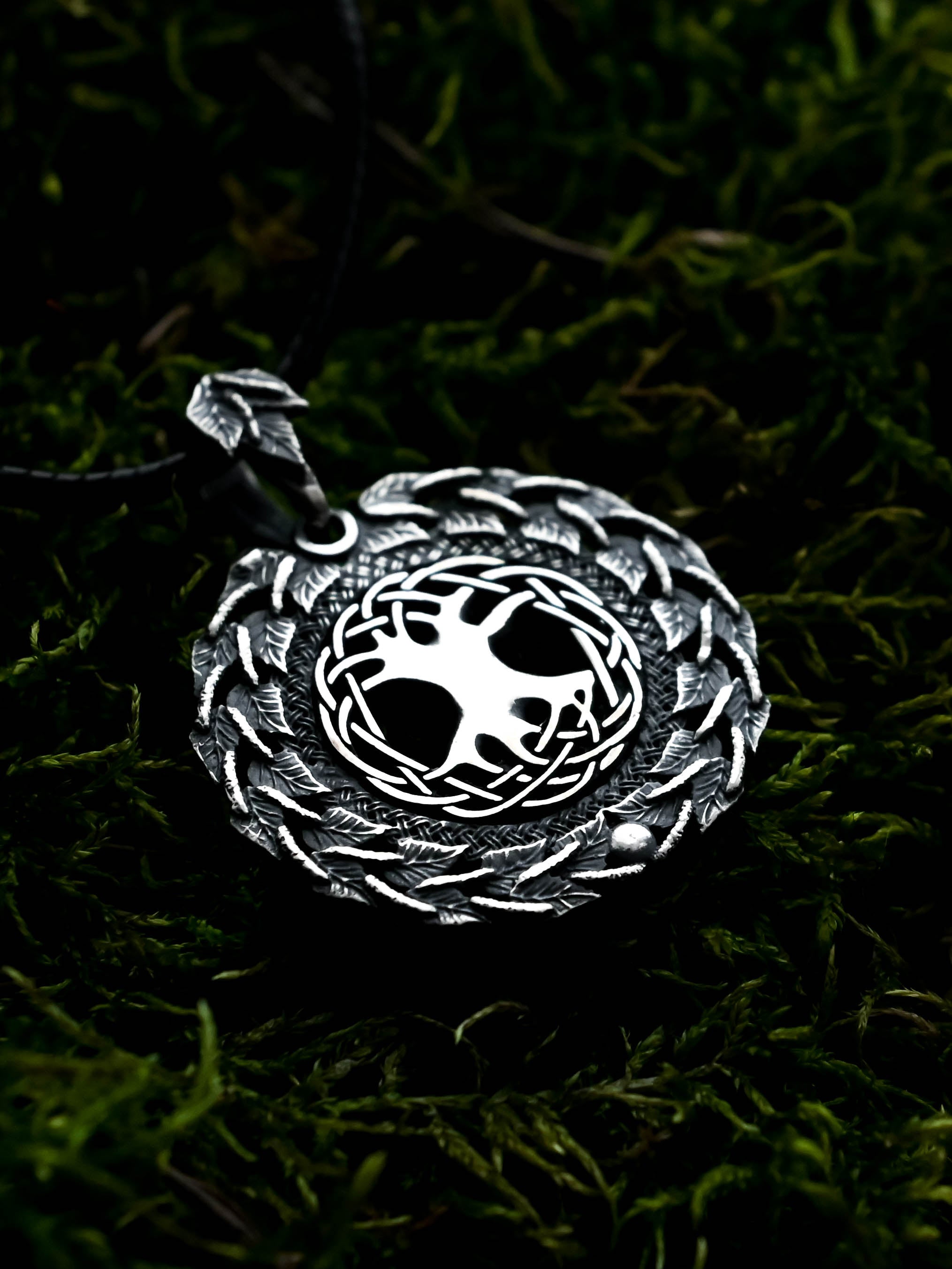 World Tree (Yggdrasil) Amulet in Birch Wreath, Sterling Silver 925 — Norse, Slavic & Viking Symbol Pendant