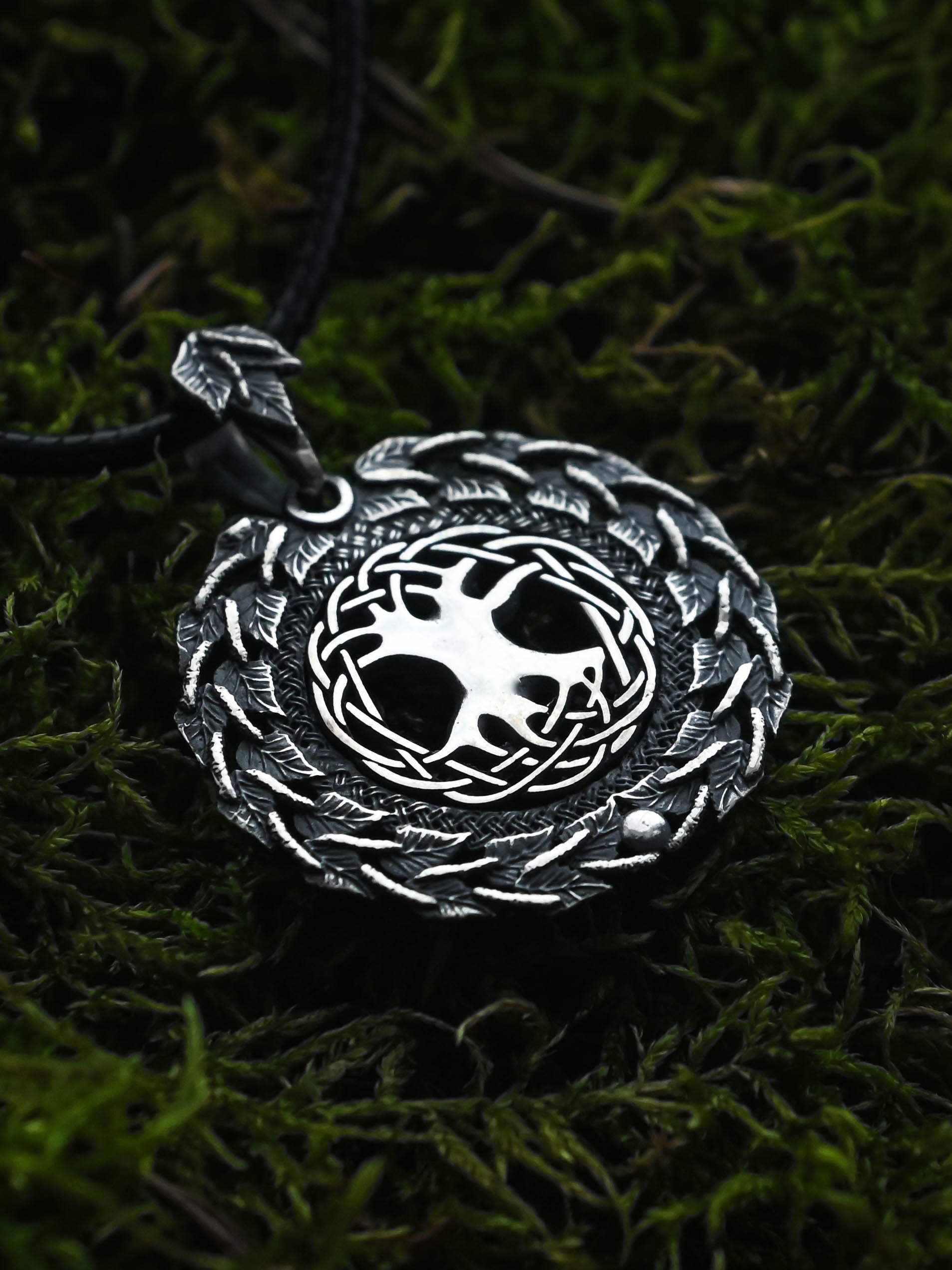 World Tree (Yggdrasil) Amulet in Birch Wreath, Sterling Silver 925 — Norse, Slavic & Viking Symbol Pendant