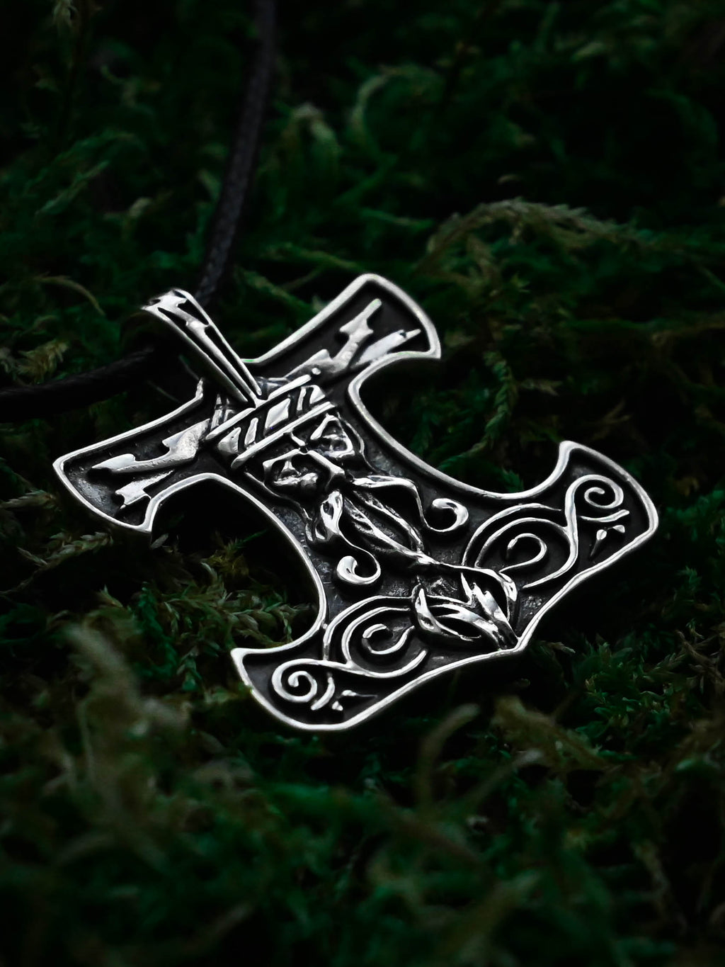 Thor's Hammer with the Face of the God Thor, Sterling Silver 925 — Viking Symbol Pendant