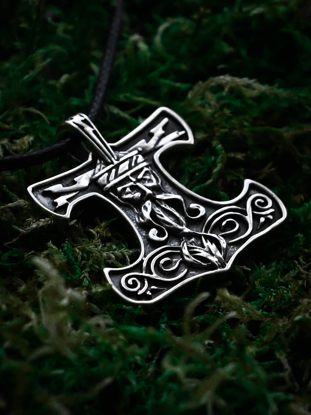 Thor's Hammer with the Face of the God Thor, Sterling Silver 925 — Viking Symbol Pendant