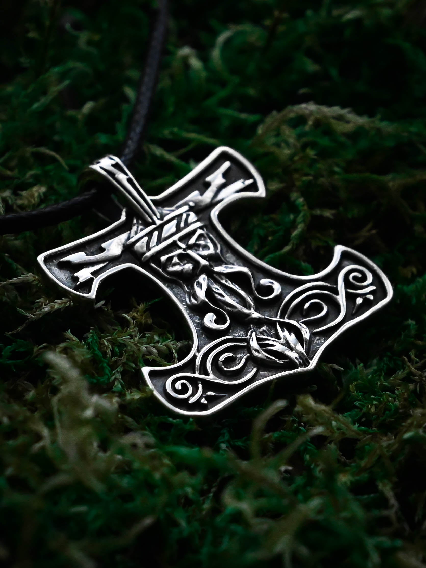 Thor's Hammer with the Face of the God Thor, Sterling Silver 925 — Viking Symbol Pendant