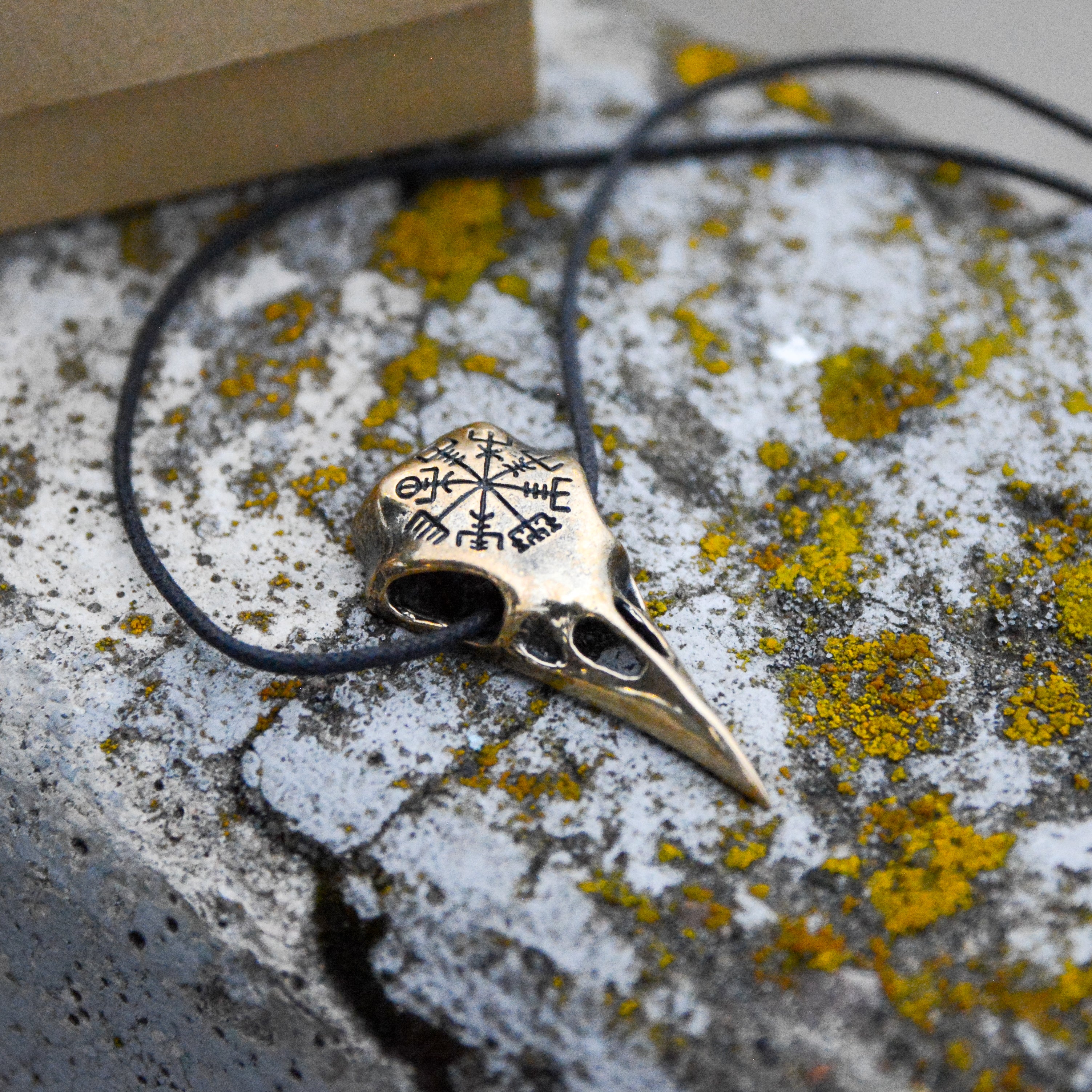 Raven Skull with Vegvisir Amulet, Natural Bronze — Viking & Norse Symbol Pendant