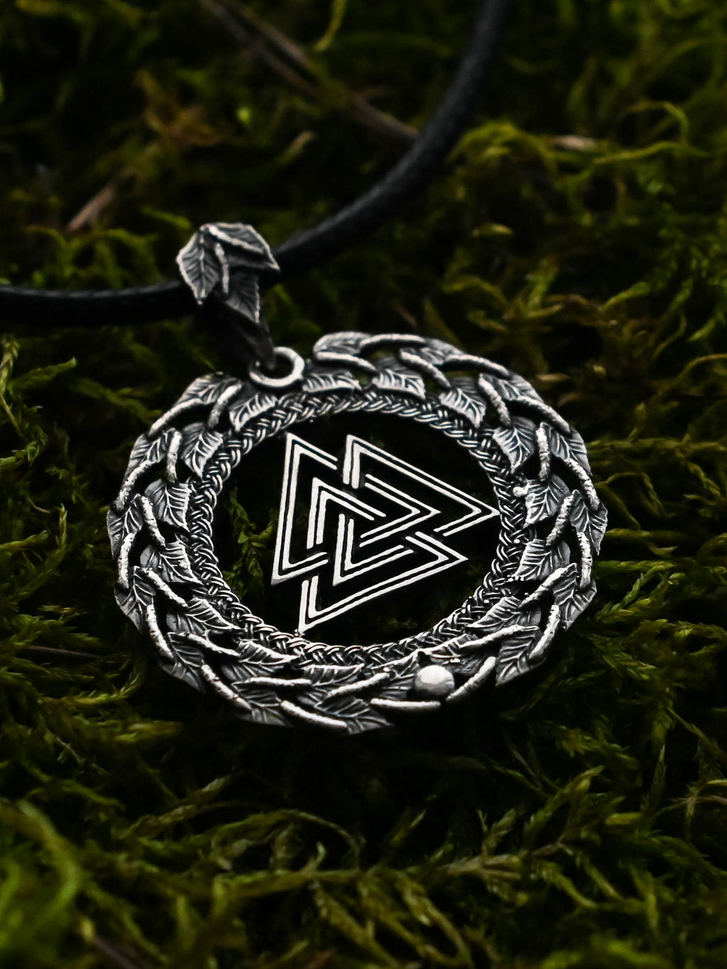 Valknut Amulet in Birch Wreath, Sterling Silver 925 — Viking, Norse & Slavic Symbol Pendant