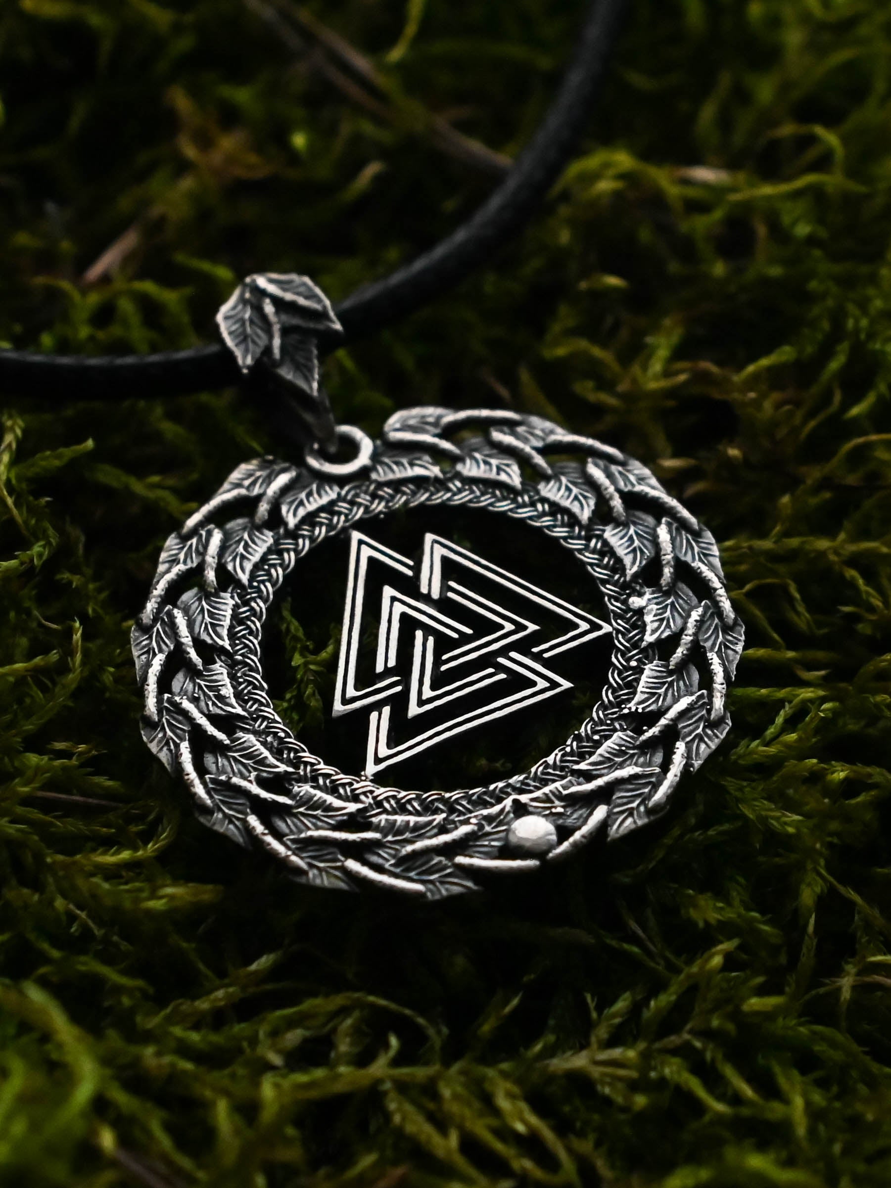 Valknut Amulet in Birch Wreath, Sterling Silver 925 — Viking, Norse & Slavic Symbol Pendant