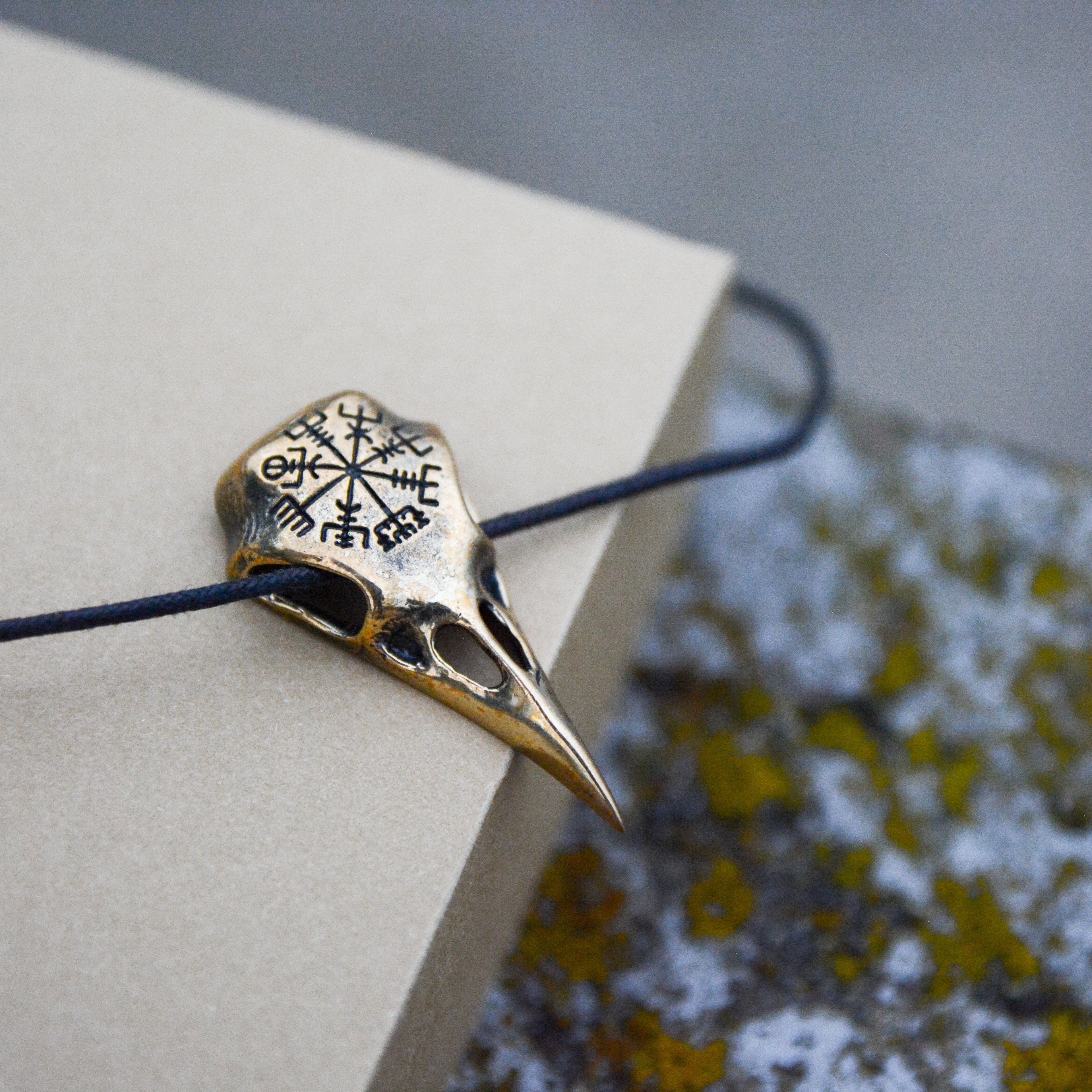 Raven Skull with Vegvisir Amulet, Natural Bronze — Viking & Norse Symbol Pendant