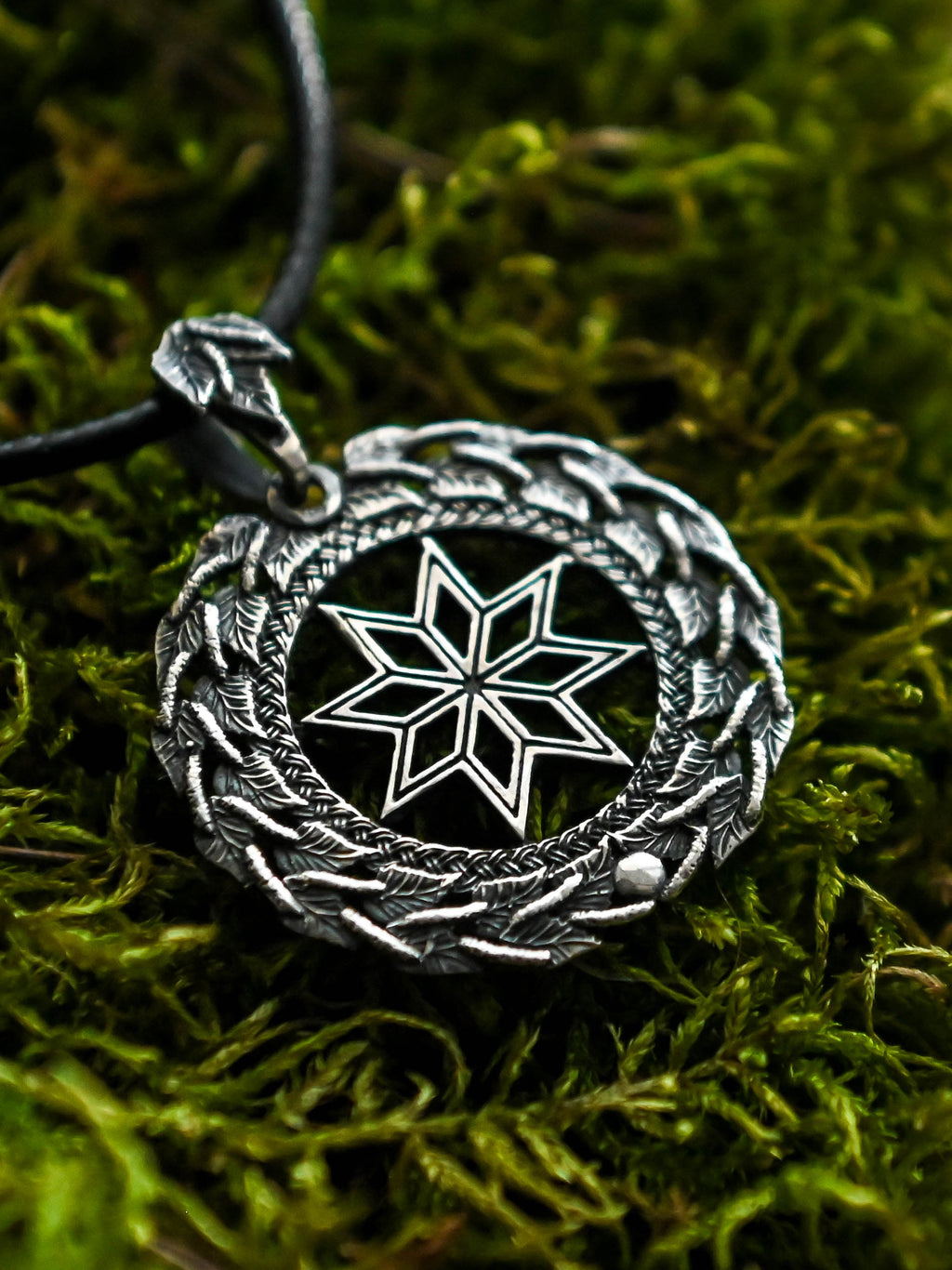 Alatyr Amulet in Birch Wreath, Sterling Silver 925 — Slavic, Viking & Norse Symbol Pendant