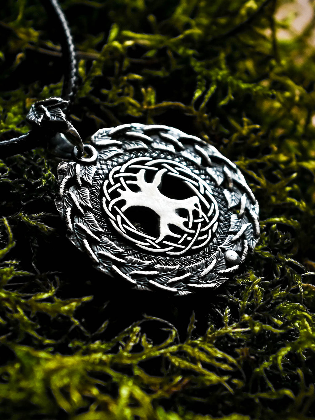 World Tree (Yggdrasil) Amulet in Birch Wreath, Sterling Silver 925 — Norse, Slavic & Viking Symbol Pendant