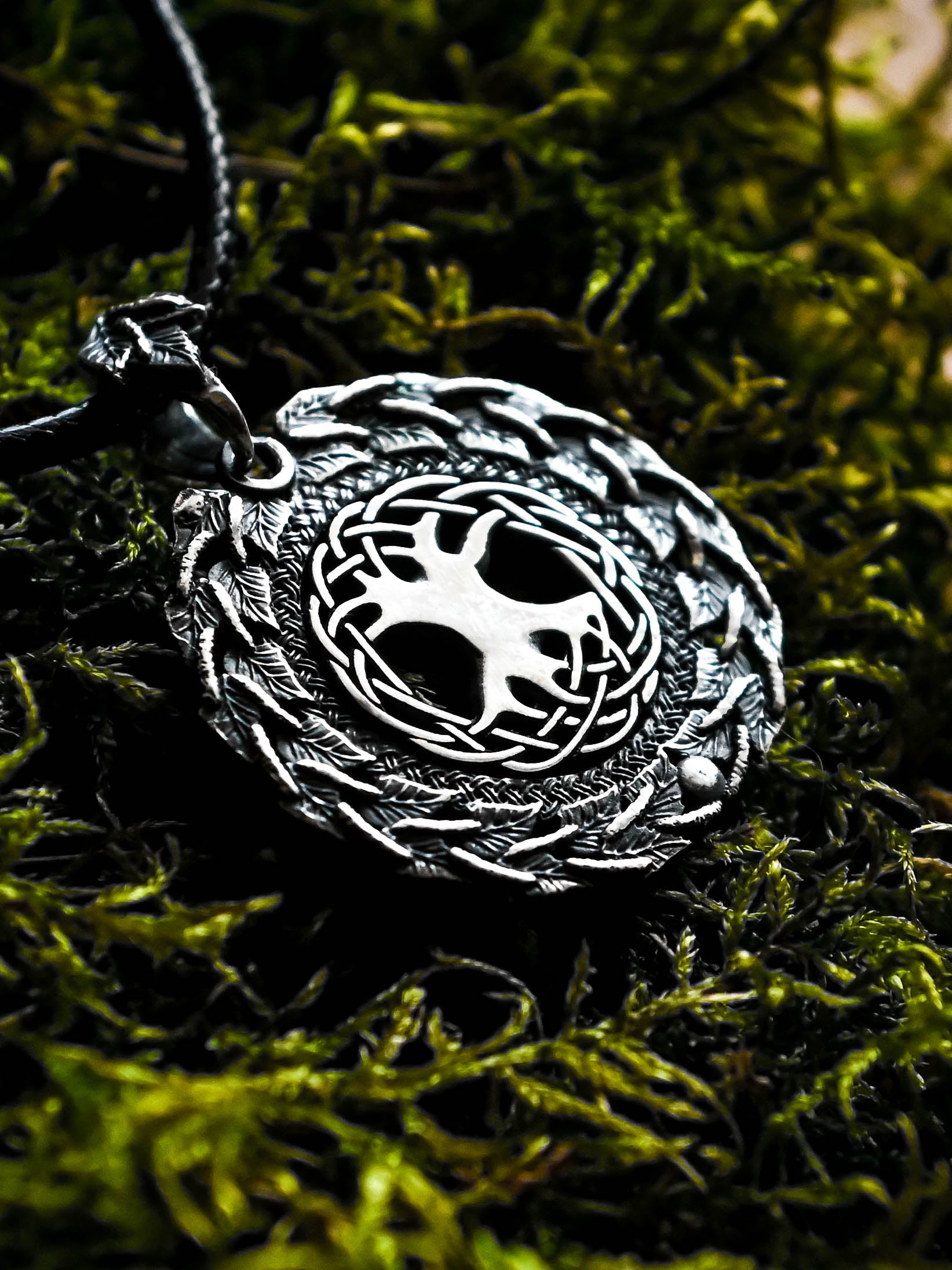 World Tree (Yggdrasil) Amulet in Birch Wreath, Sterling Silver 925 — Norse, Slavic & Viking Symbol Pendant