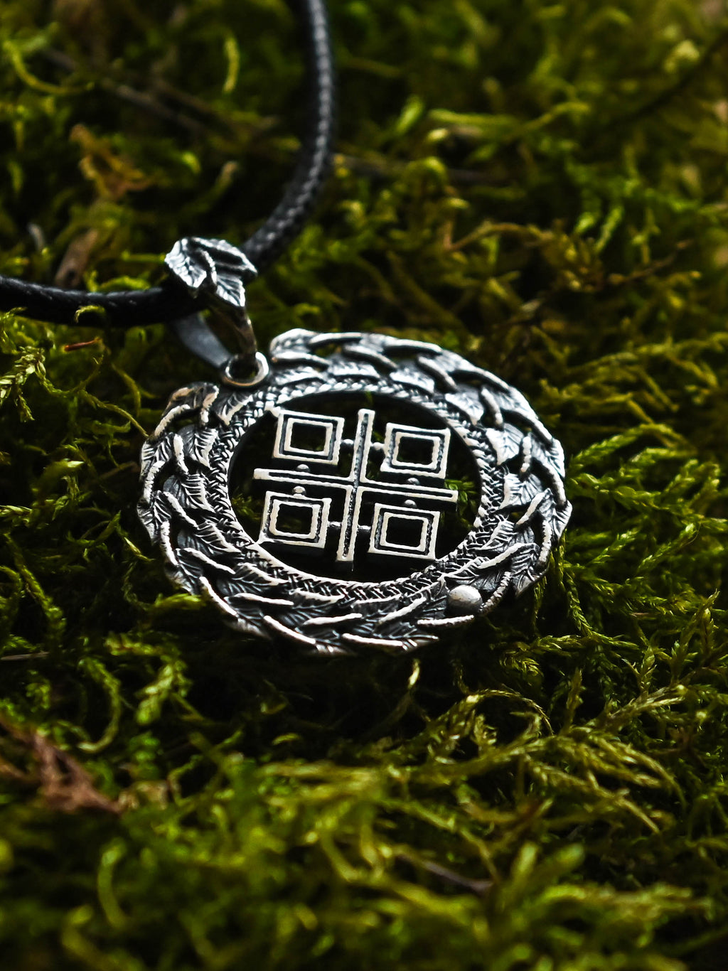 Makosh (Mokosh) Amulet in Birch Wreath, Sterling Silver 925 — Slavic, Viking & Norse Symbol Pendant