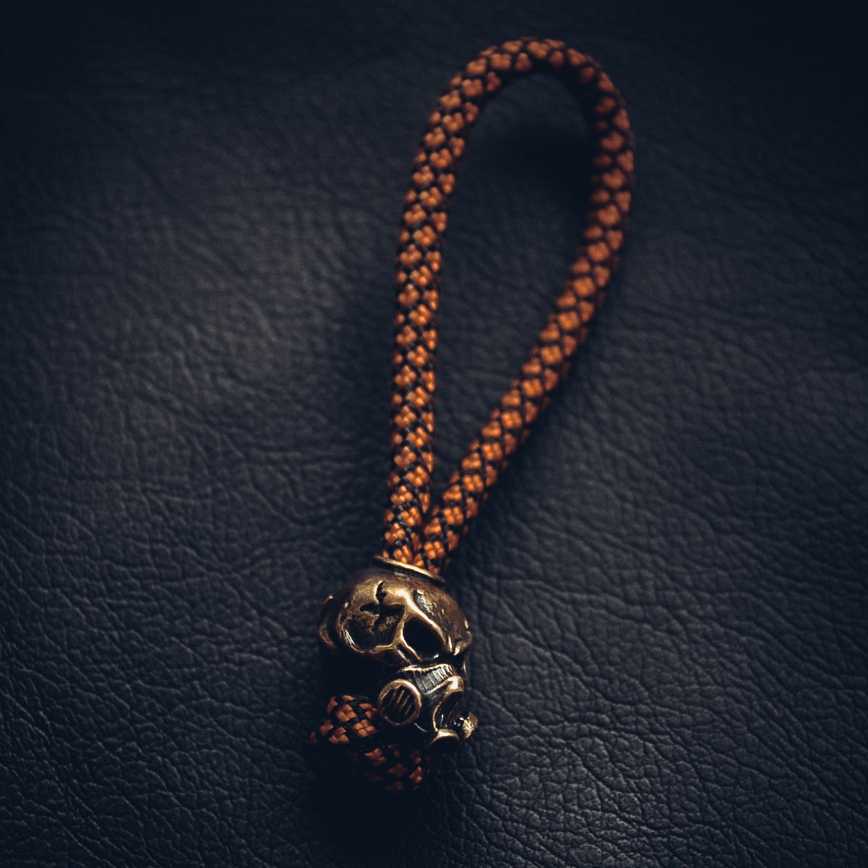Skull in Mask with Scythe Keychain, Bronze on Paracord Cord
