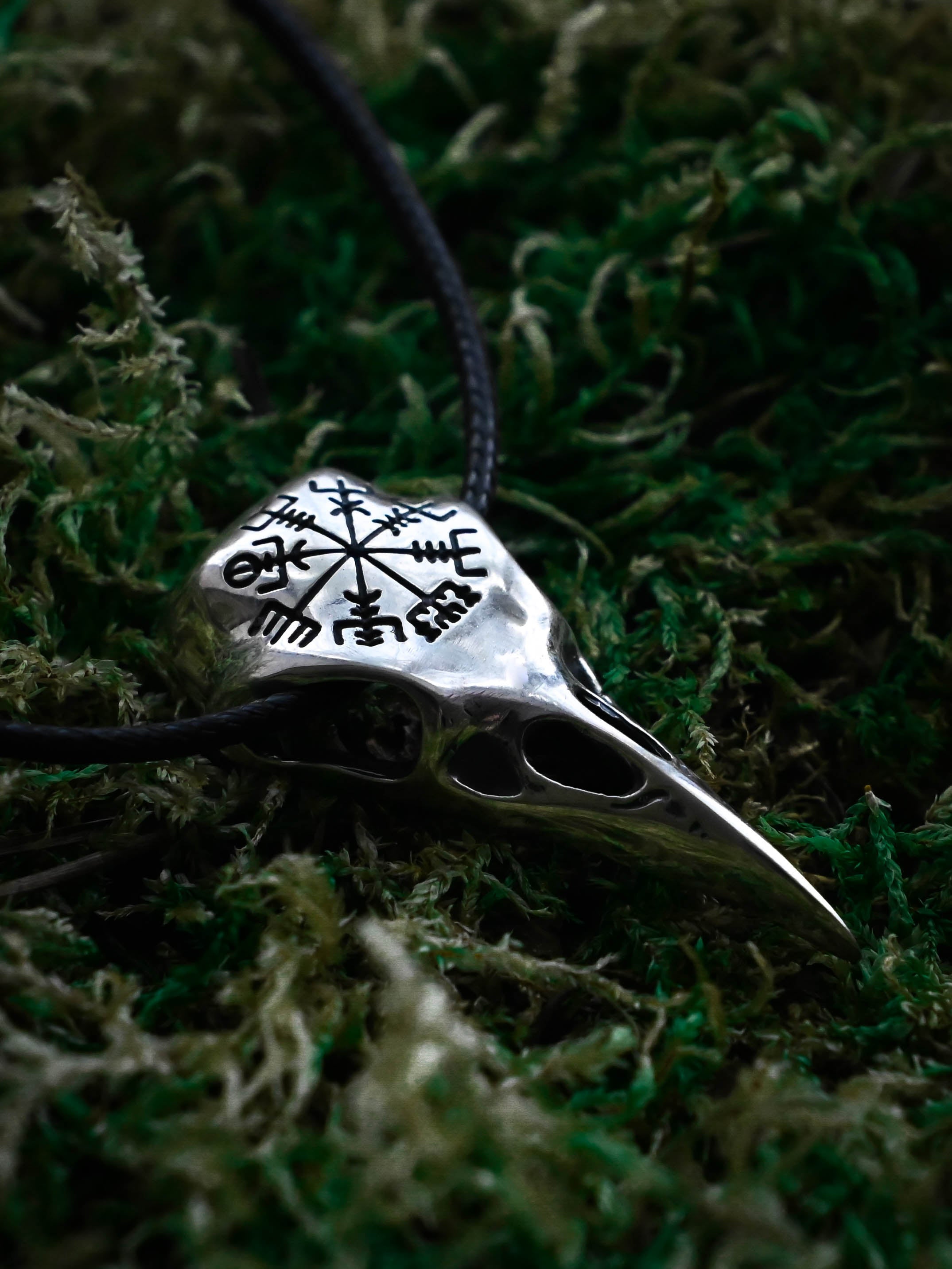 Raven Skull with Vegvisir Symbol, Sterling Silver 925 — Viking Symbol Pendant