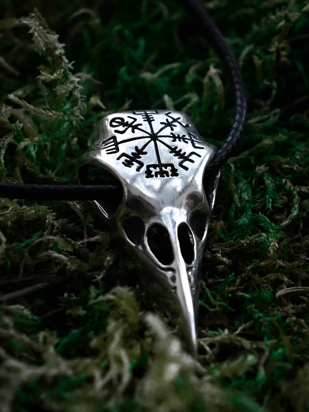Raven Skull with Vegvisir Symbol, Sterling Silver 925 — Viking Symbol Pendant